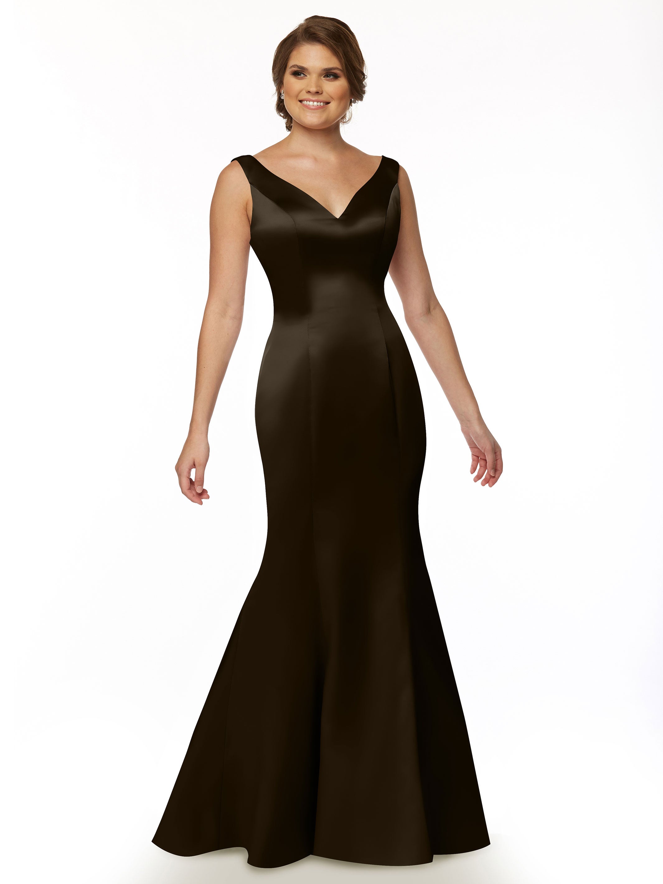 Elegant Fit and Flare Satin Bridesmaid Dress with V-Neckline & Ruffled Back - Perfect for Weddings, Formal Events & Special Occasions
