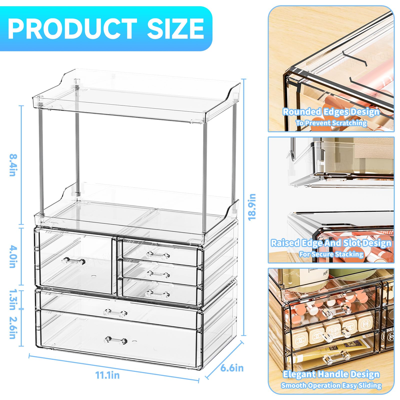 3-Tier 6-Drawer Clear Acrylic Bathroom Organizer Shelf - Stackable Makeup & Skincare Storage for Cosmetics, Lotions, Beauty Products - Perfect for Vanity, Countertop, Bedroom or Bathroom Organization (18.9