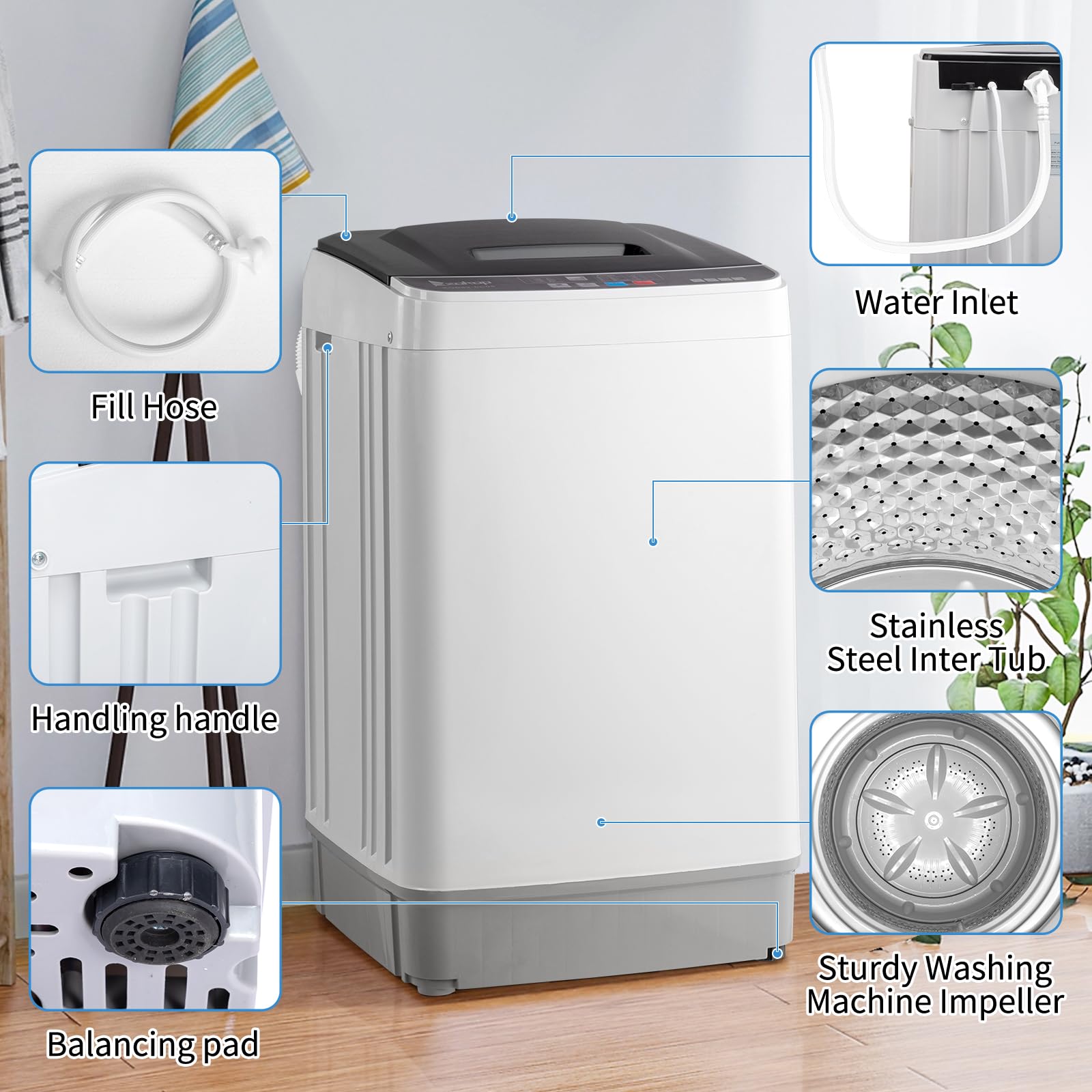 **Winado 17.6Lbs Full Automatic Portable Washing Machine with Drain Pump - 10 Wash Programs & 2-in-1 Washer Dryer Combo for Apartments, RVs, Camping - Perfect for Small Spaces, Travel & Off-Grid Living**