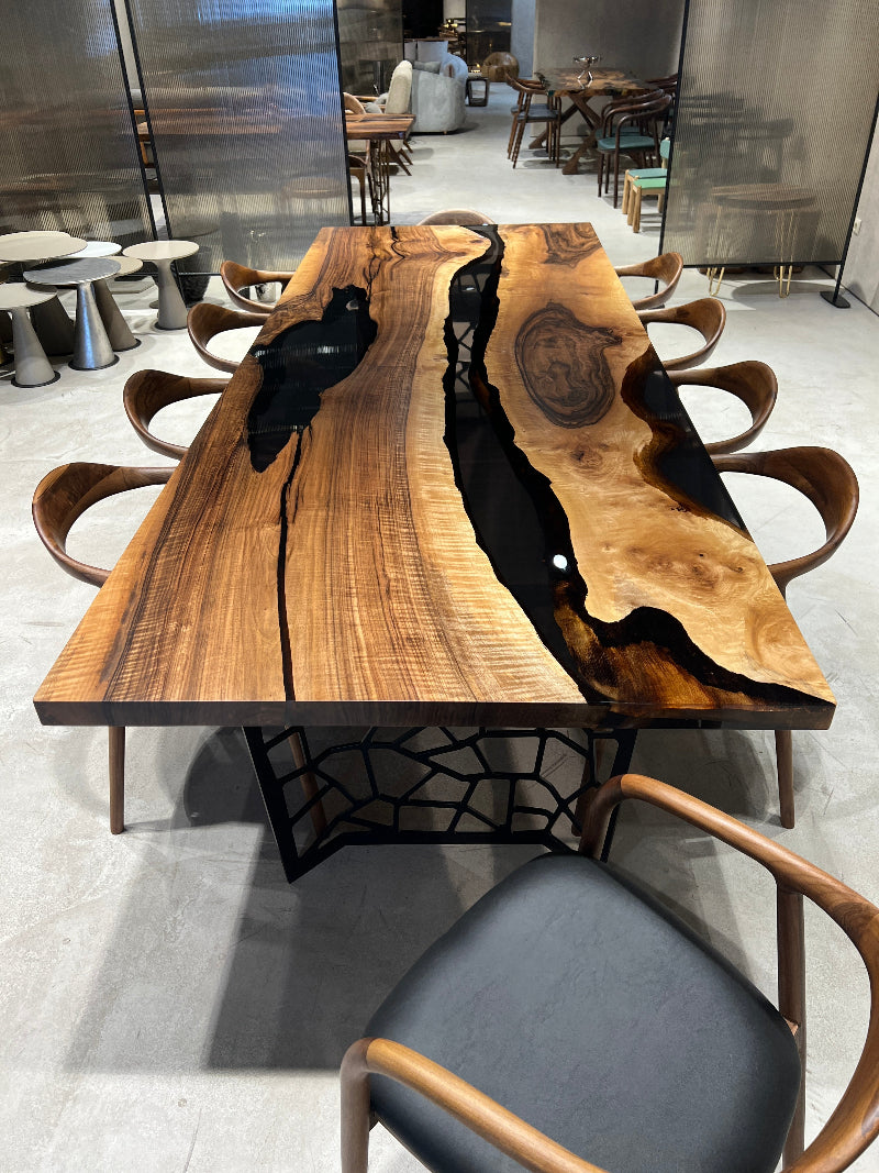 Voronoi Resin Walnut River Dining Table - Modern Wood & Epoxy Live Edge Table for Dining Room, Kitchen, Office - Unique Handmade Home Decor & Furniture