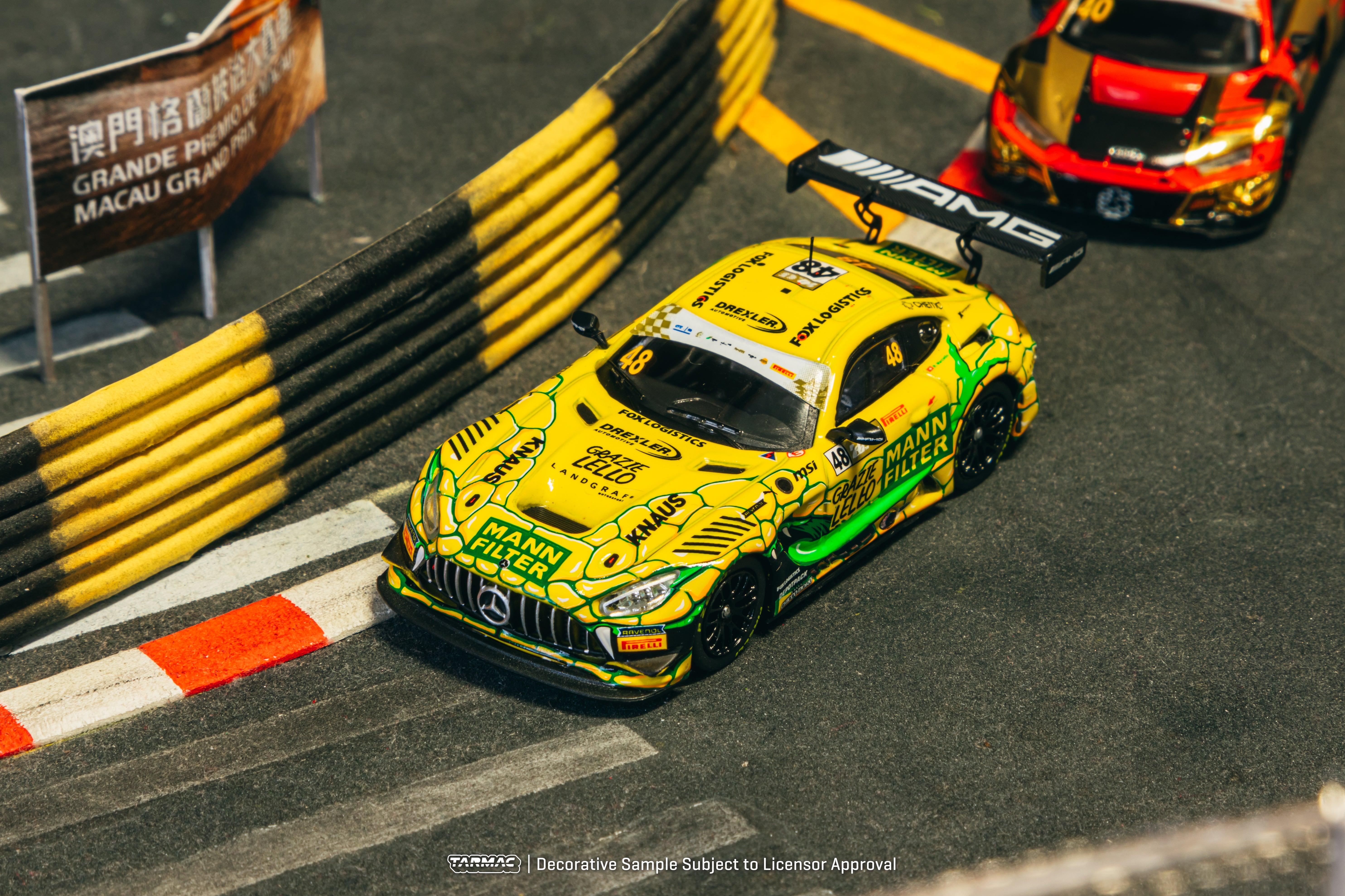 Tarmac Works 1/64 Scale Mercedes AMG GT3 Diecast Model Car - Macau GT Cup FIA GT World Cup 2023 #48 Winner Edition - Collectible Hobby64 Series - Perfect for Display, Racing Enthusiasts, and Model Car Collectors