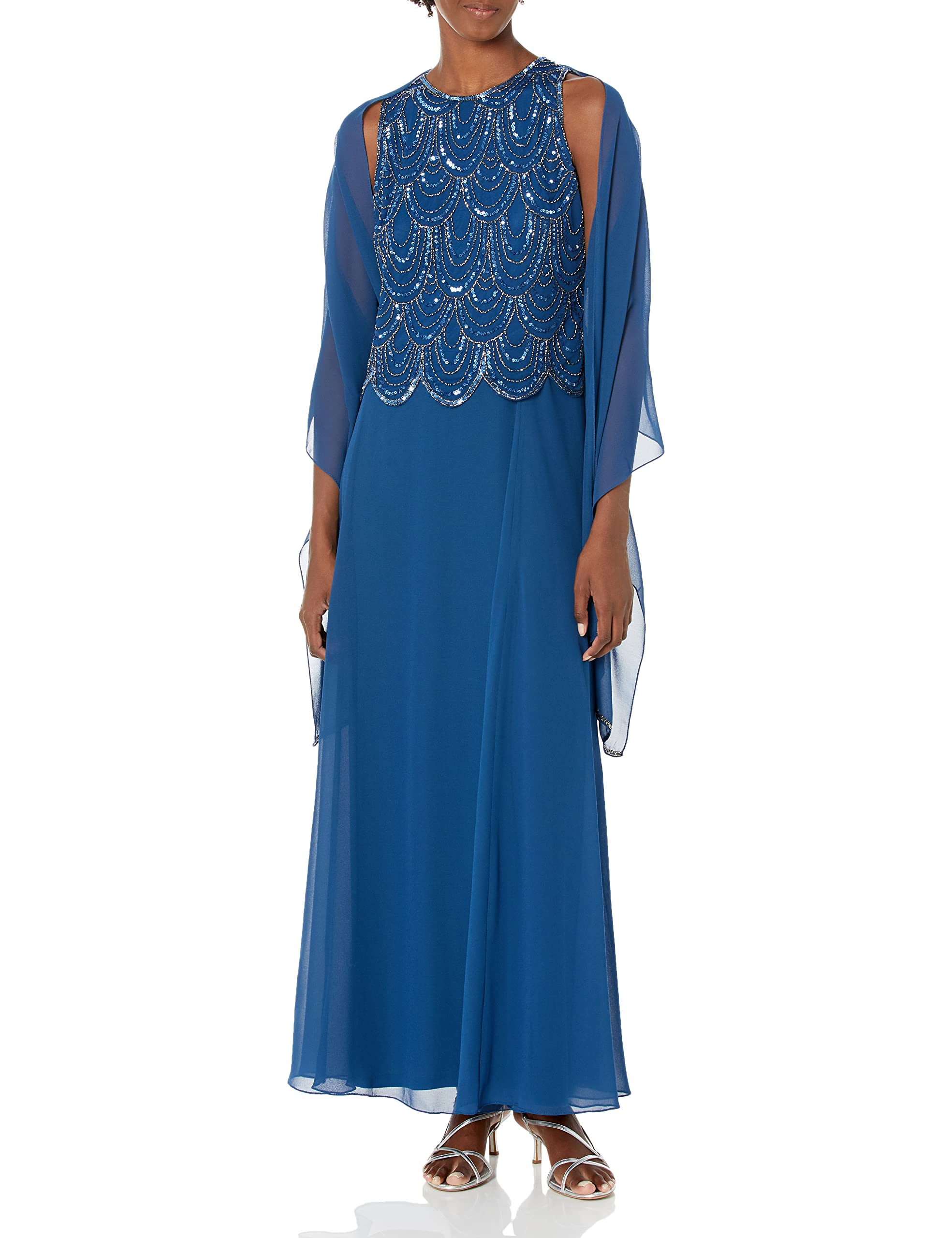 J Kara Women's Plus Size Sleeveless Beaded Maxi Dress with Detachable Scarf - Elegant Evening Gown for Weddings, Parties & Special Occasions