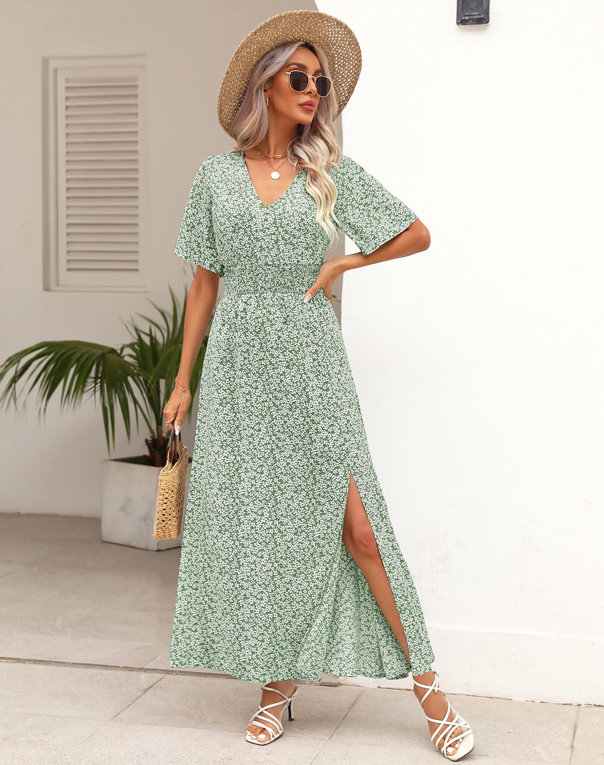 Kranda Women's Floral V-Neck High Waist Boho Maxi Dress - Summer Spring Casual Long Swing Dress with Slit & Short Sleeves - Perfect for Beach Vacations, Date Nights & Boho Fashion