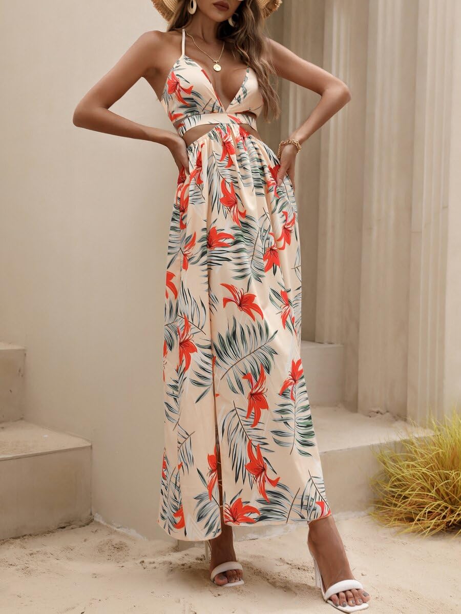 Women's Floral V-Neck Maxi Dress - Tropical Hawaiian Beach Summer Dress with Side Slit | Perfect for Vacations, Pool Parties & Boho Outfits
