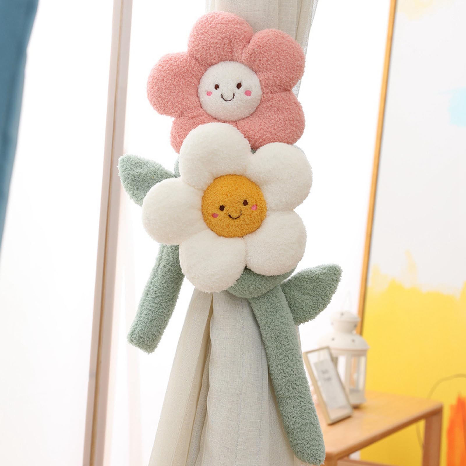 Floral Curtain Tiebacks - 2 Pack Cute Flower Buckle Window Curtain Holdbacks in Pink & White - Perfect for Living Room, Bedroom & Home Decor