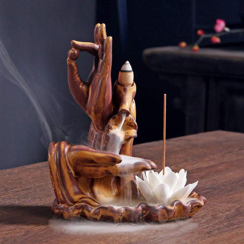 Premium ZLYMX Ceramic Backflow Incense Burner - Bergamot Glaze Buddhist Sandalwood Cone Holder, Antique Copper Censer for Meditation, Yoga & Home Decor