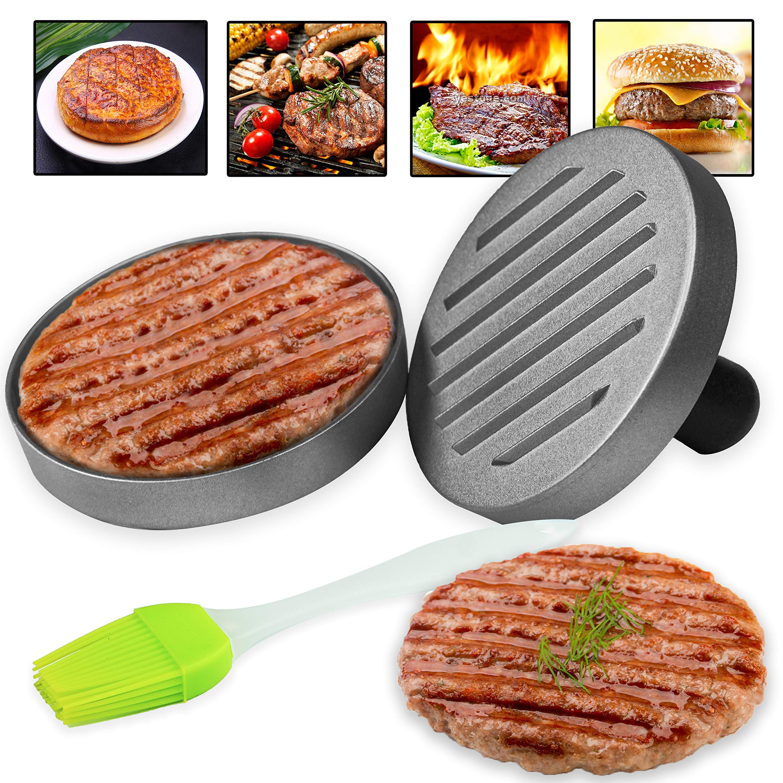 **Non-Stick BBQ Burger Press Patty Maker - Stainless Steel Hamburger Mold for Stuffed Burgers, Sliders & Beef Patties | Easy to Clean with Silicone Brush | Perfect for Backyard Grilling, BBQs & Home Cooking**