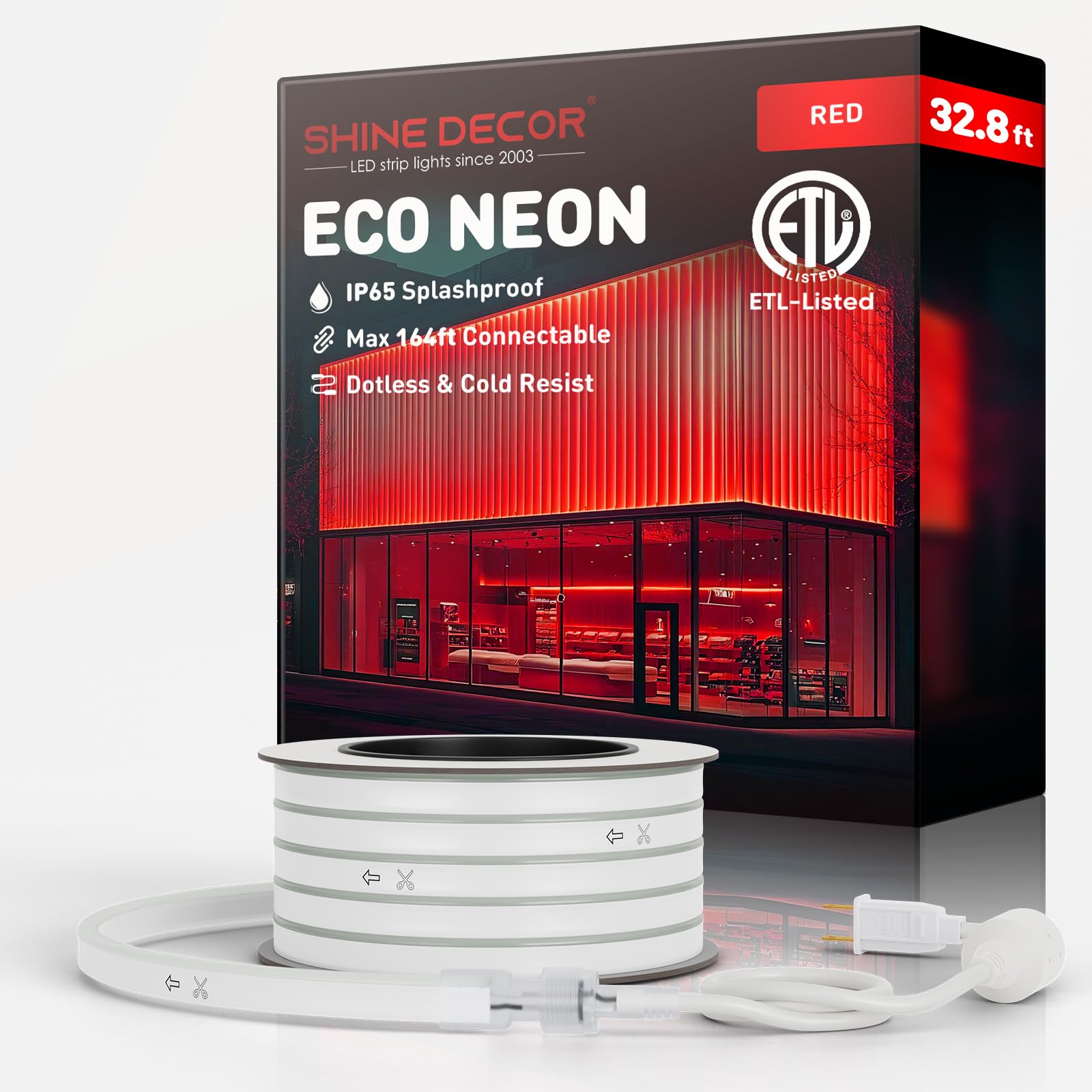 Shine Decor LED Rope Lights AC 120V - Connectable & Cuttable Dotless 120LEDs/M Eco Neon Strip Lighting - ETL Certified IP65 Waterproof & Weather-Resistant - Perfect for Home, Commercial, and Outdoor Decor - 8x16mm Red 32.8FT - Ideal for Christmas, Party, Wedding, and Landscape Lighting