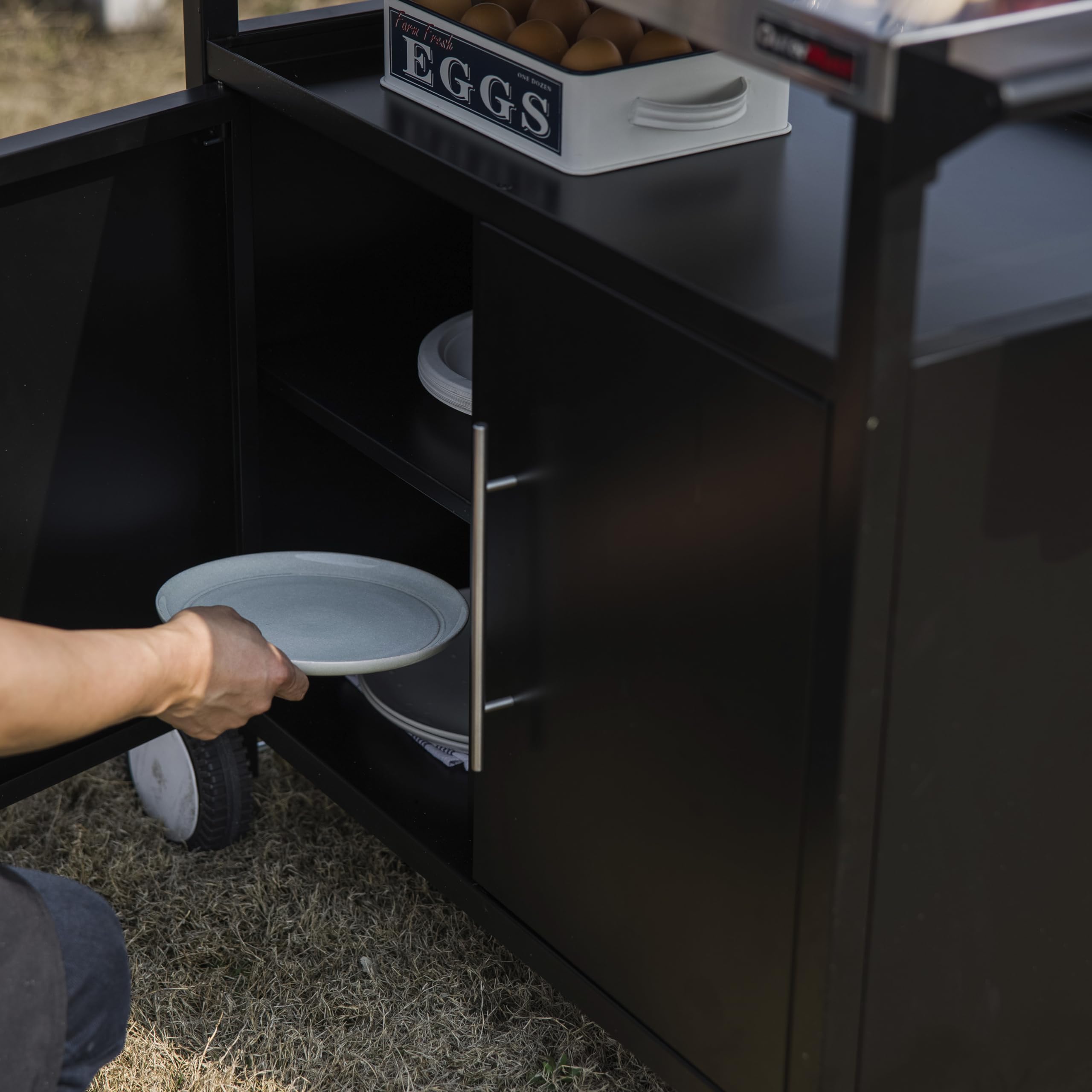 Premium Outdoor Grill Table & Kitchen Cabinet - Portable Prep Station with Storage for BBQ, Pizza Oven & Entertaining | Silver & Black | Patio, Backyard & Camping Use