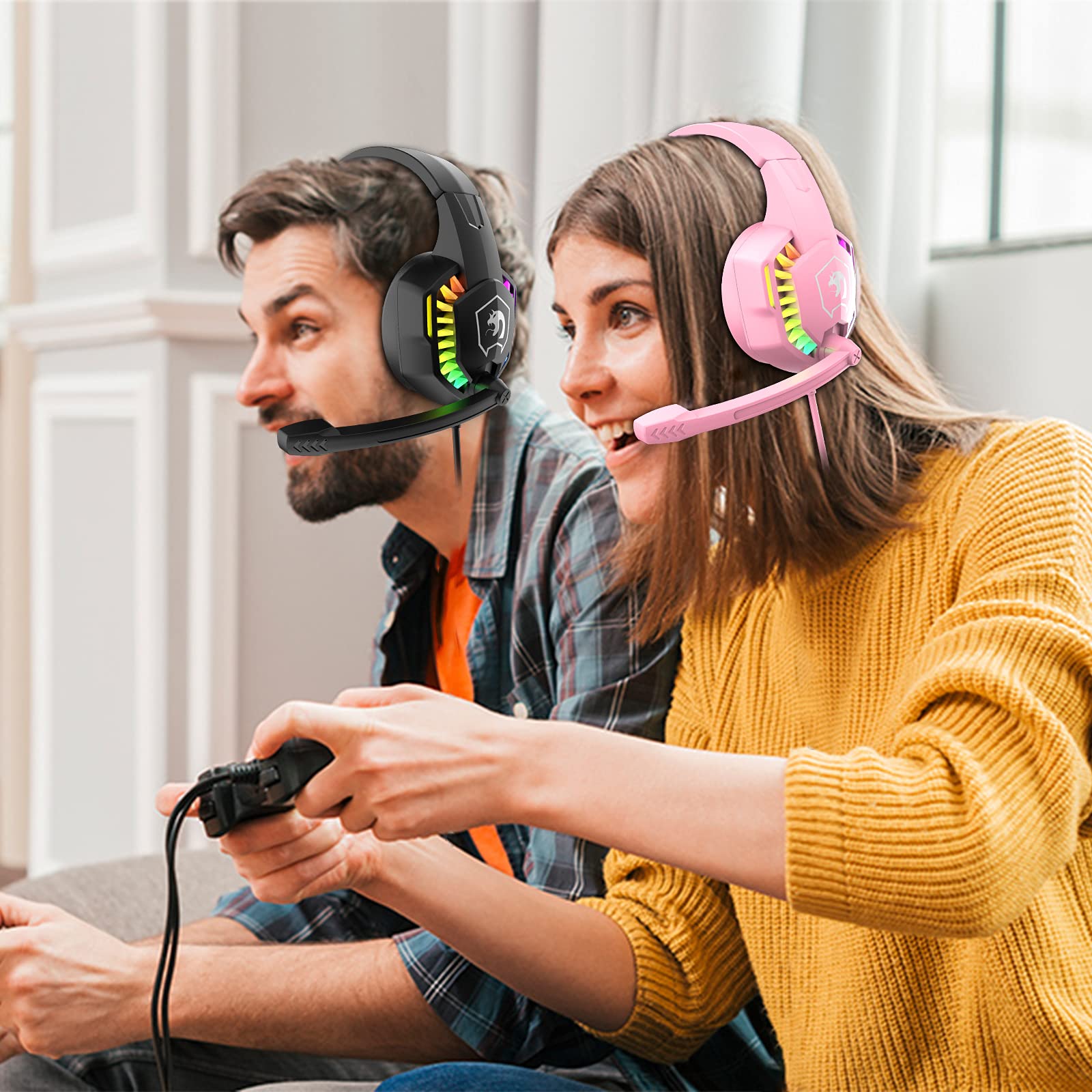 Wired Gaming Headset with RGB Backlight, Noise-Canceling Mic & Deep Bass - Over-Ear Headphones with Memory Foam for PS5, Xbox Series X, PC, Mac - Perfect for FPS Gaming & Streaming (Pink)
