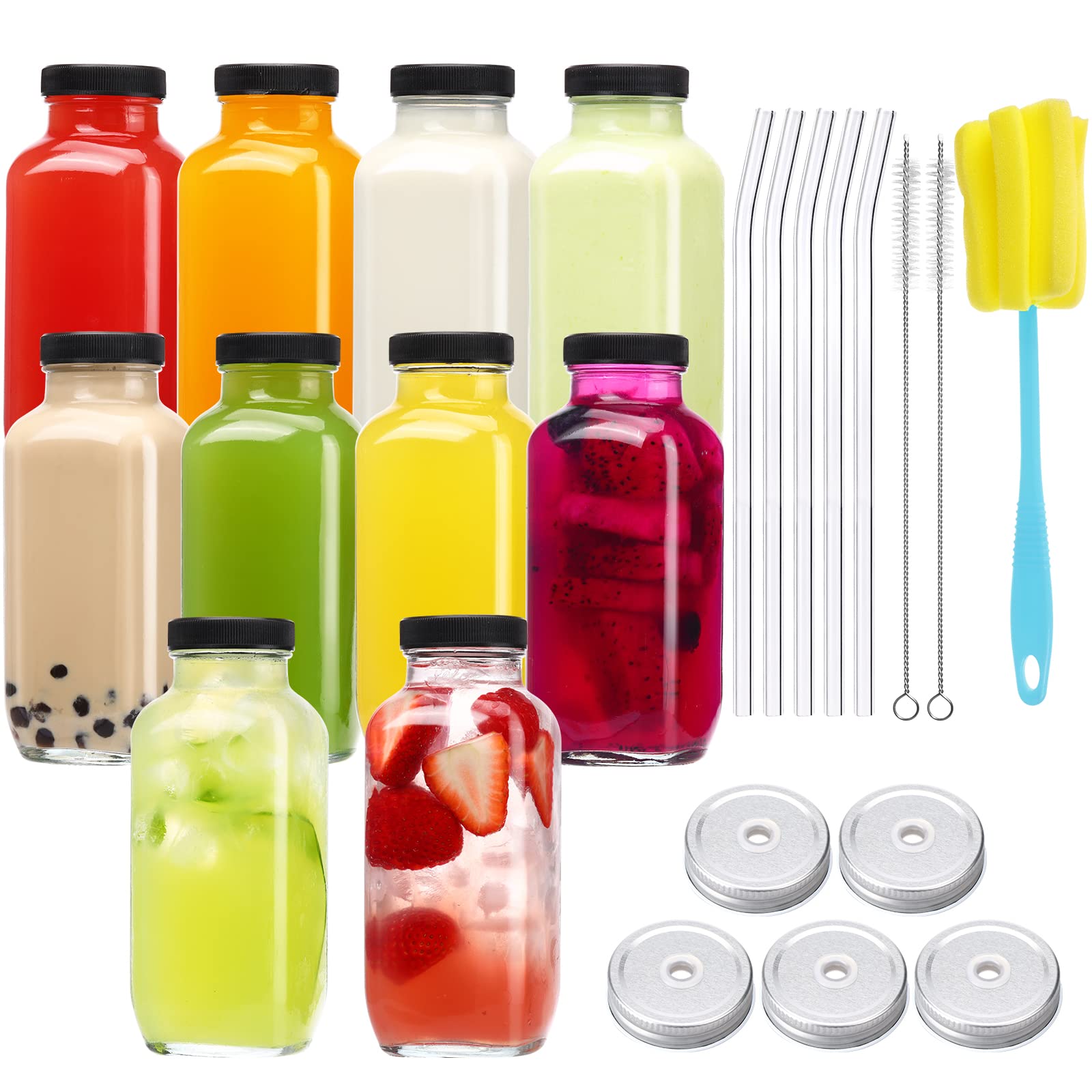 **CUCUMI 10-Pack 16oz Glass Juice Bottles with Lids & Brush - Reusable Drinking Jars for Juice, Water, Smoothies - Includes Glass Straws & Hole Lids - Perfect for Home, Office, Gym & Travel**