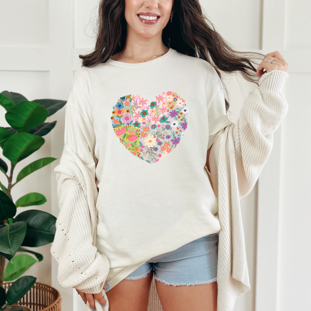 Trendy Patchwork Floral Heart Graphic Tee for Women - Vintage Inspired Casual T-Shirt - Perfect for Summer Outfits, Dates & Music Festivals