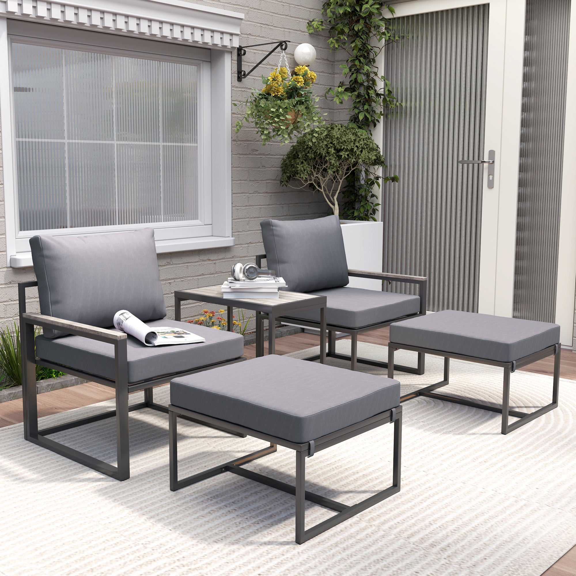 Outsunny 5-Piece Outdoor Patio Furniture Set with Cushions & Ottomans - Grey Garden Sofa Set for Backyard, Poolside, Balcony & Patio - Perfect for Relaxing, Lounging & Outdoor Entertaining