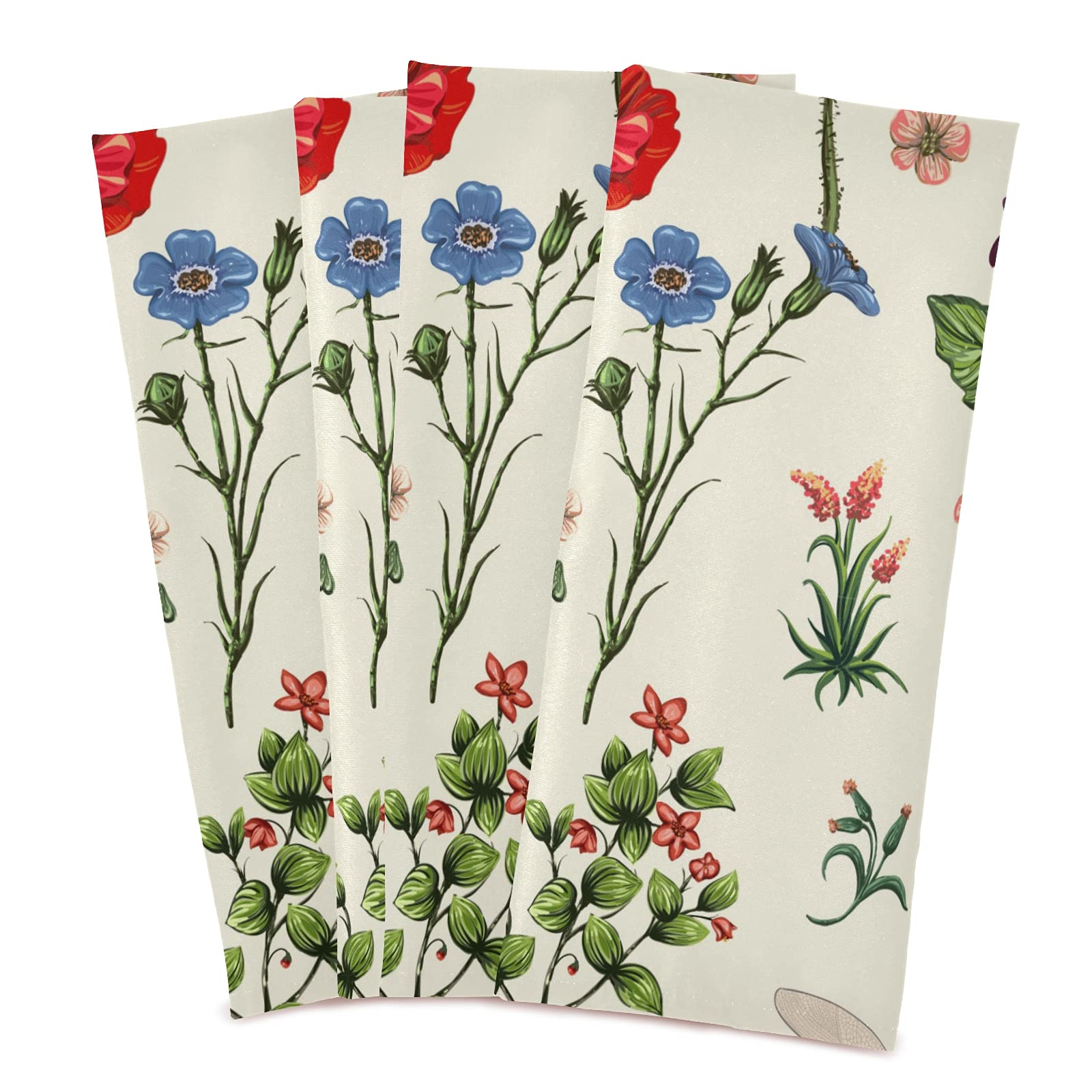 Premium 18x28 Inch Super Absorbent Lint-Free Kitchen Towels Set of 4 - Floral Design with Dragonfly, Butterfly, Sunflower & Carnation Patterns | Soft Dish Cloths for Tea Bar, Bath & Kitchen Accessories | Perfect for Daily Cleaning, Dish Drying & Home Decor