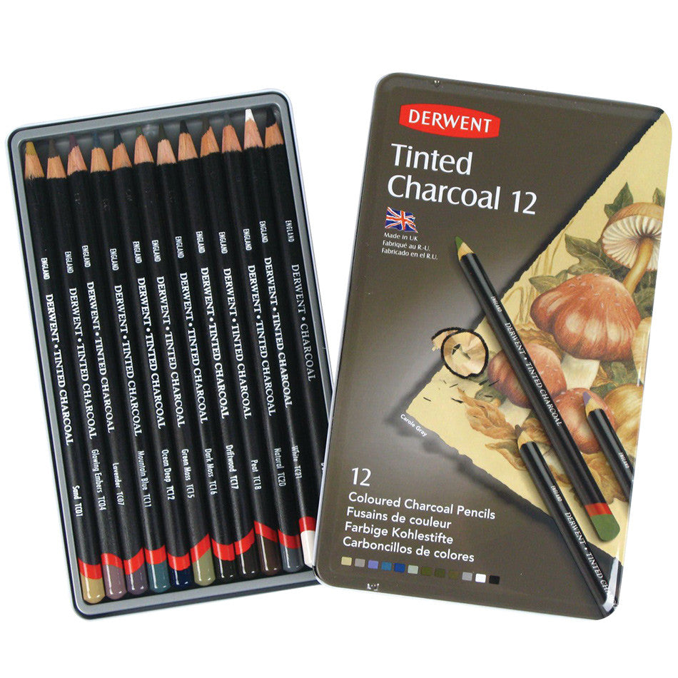 Derwent Tinted Charcoal Pencils - Set of 12 Vibrant Colors for Artists & Sketching - Perfect for Drawing, Shading & Mixed Media Art Projects