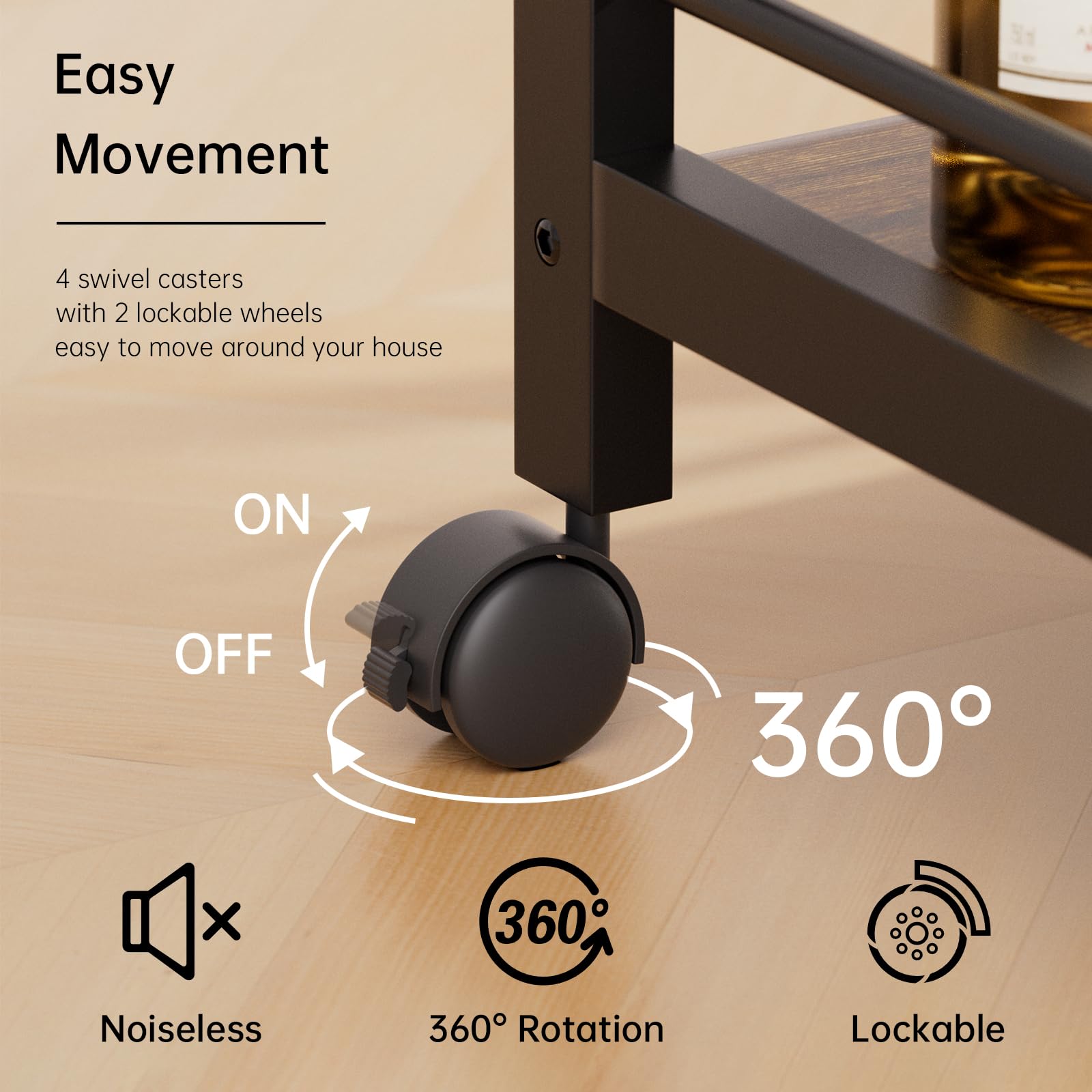 3-Tier Rolling Bar Cart with Wheels & Storage Shelves - Rustic Brown & Black Home Bar Serving Cart for Kitchen, Dining & Living Room | Perfect for Entertaining, Cocktail Parties & Beverage Storage