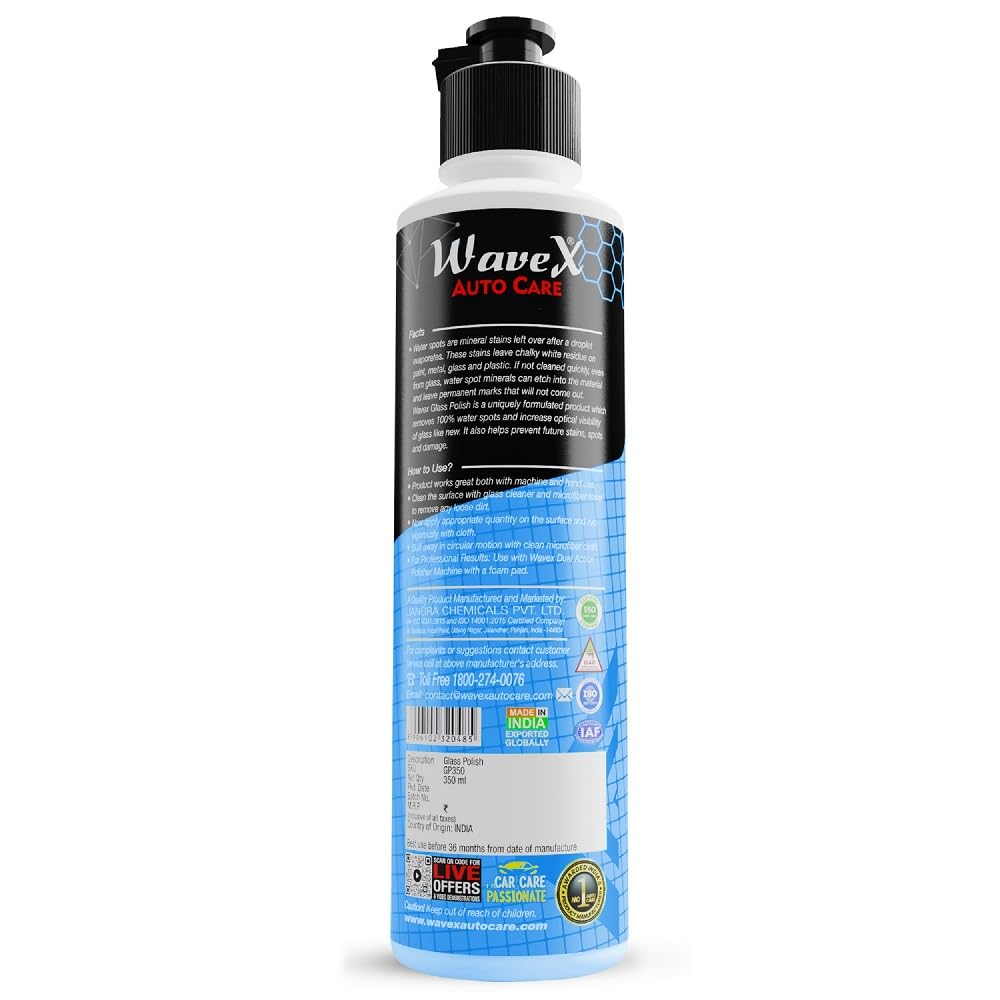 Wavex Glass Polish & Hard Water Stain Remover 350ml - Professional Car Windshield Polish for Cars, Windows & Mirrors | Restores Optical Clarity, Removes Scratches & Water Spots | Perfect for Auto Detailing, Home Glass Cleaning & Shower Door Maintenance