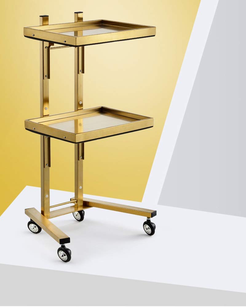 Stainless Steel 2-Tier Collapsible Utility Cart with Wheels - Gold Salon Storage Stand for Tattoo Shop, Beauty Salon & Home Organization | Heavy Duty & Portable Trolley Tray for Supplies & Tools