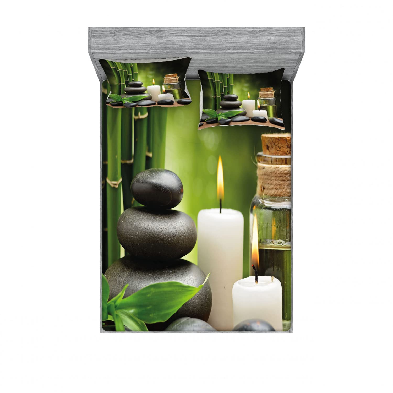 Ambesonne Spa Themed 2-Piece King Size Fitted Sheet Set with 4 Pillow Shams - White Black Green Nature Print (Rocks, Candles, Branches Design) - Luxury Bedding Decor for Master Bedroom, Guest Room & Spa Retreats