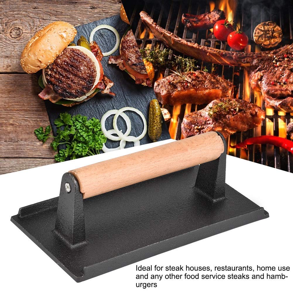 Heavy-Duty Cast Iron Grill Press - 8.1 x 4.1 x 2.8 Inch Non-Stick Steak & Bacon Press with Wooden Handle - Perfect for Hamburgers, Sandwiches & BBQ - Ideal for Grilling, Panini Pressing & Patty Making