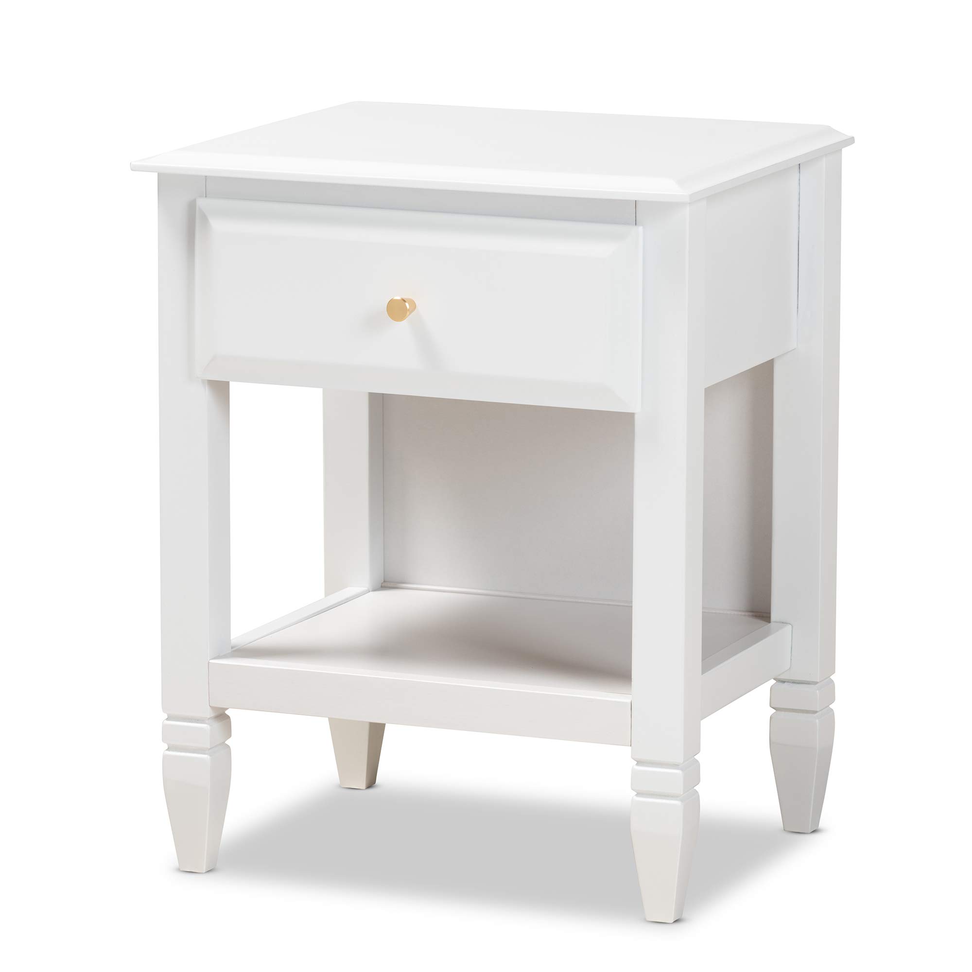 Baxton Studio Modern Nightstand with Gold Accents - White & Gold Bedside Table for Bedroom, Living Room, or Guest Room - Stylish Storage End Table with Drawer
