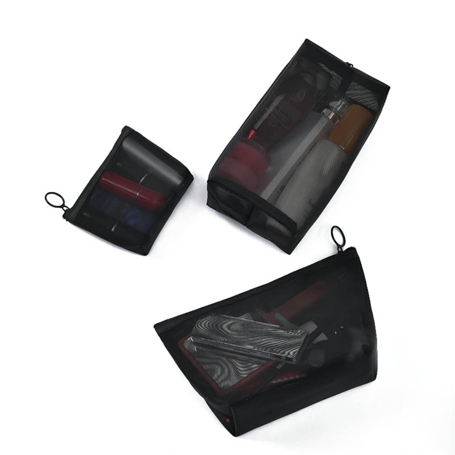 Clear Mesh Cosmetic Bag Set of 3 - Waterproof Travel Makeup Organizer with Zipper Pouch for Home, Office & Vacation - Perfect for Toiletries, Jewelry & Small Essentials Storage