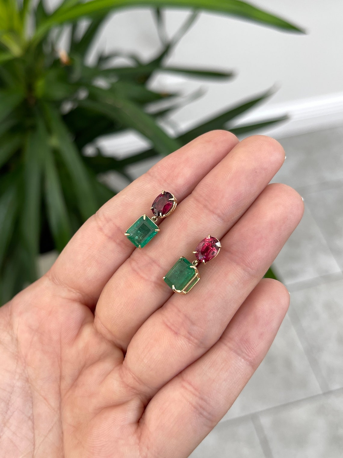 14K Gold Dangle Earrings with Natural Emerald & Oval Cut Spinel (7.09tcw) - Elegant Jewelry for Weddings, Parties & Special Occasions