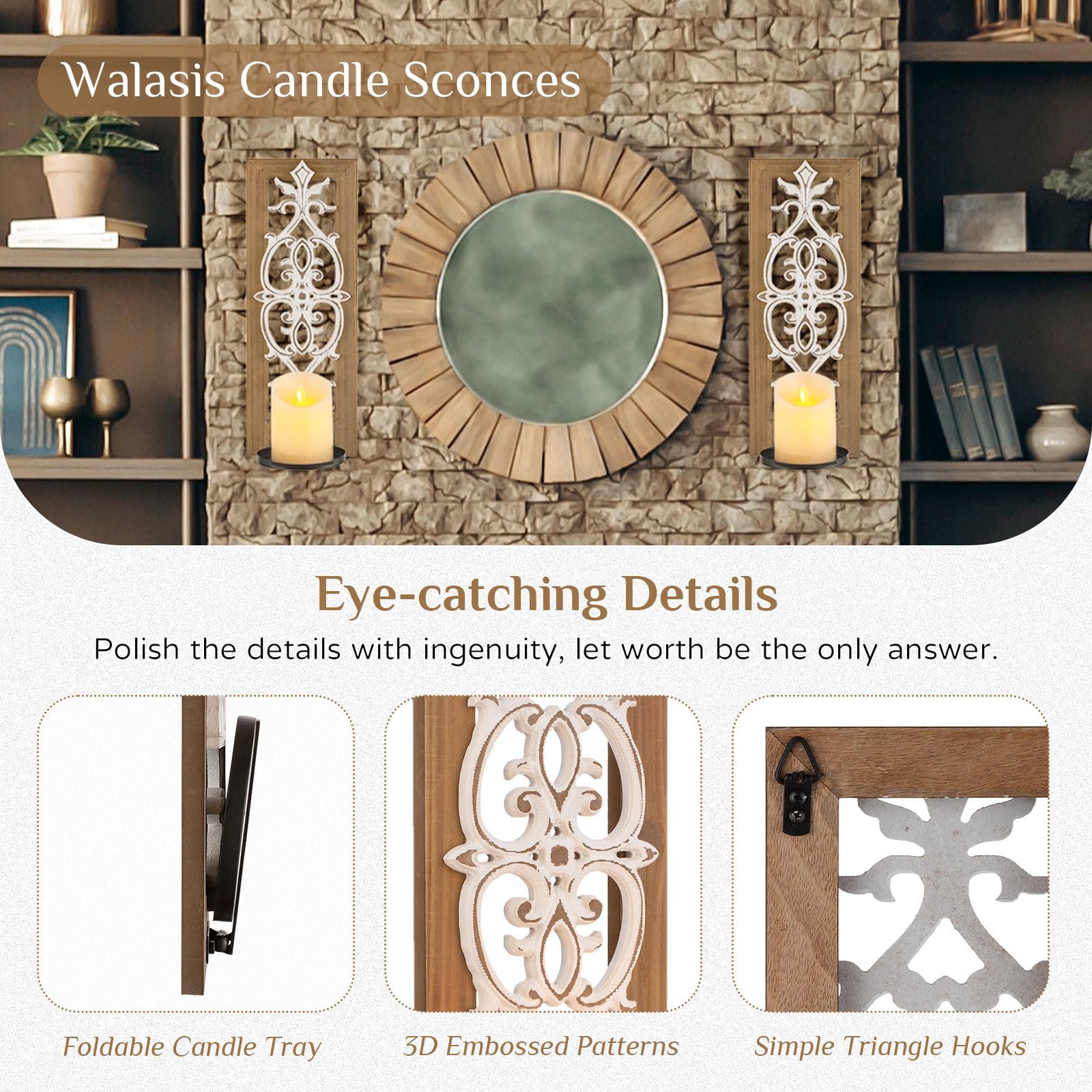 Rustic Wood Candle Sconces Wall Decor - Set of 2 Farmhouse Wall Candle Holders, Hand Carved Brown Candle Sconce for Fireplace, Mantel, Bedroom & Bathroom Decor | Distressed Pillar Candle Holders for Cozy Home Ambiance