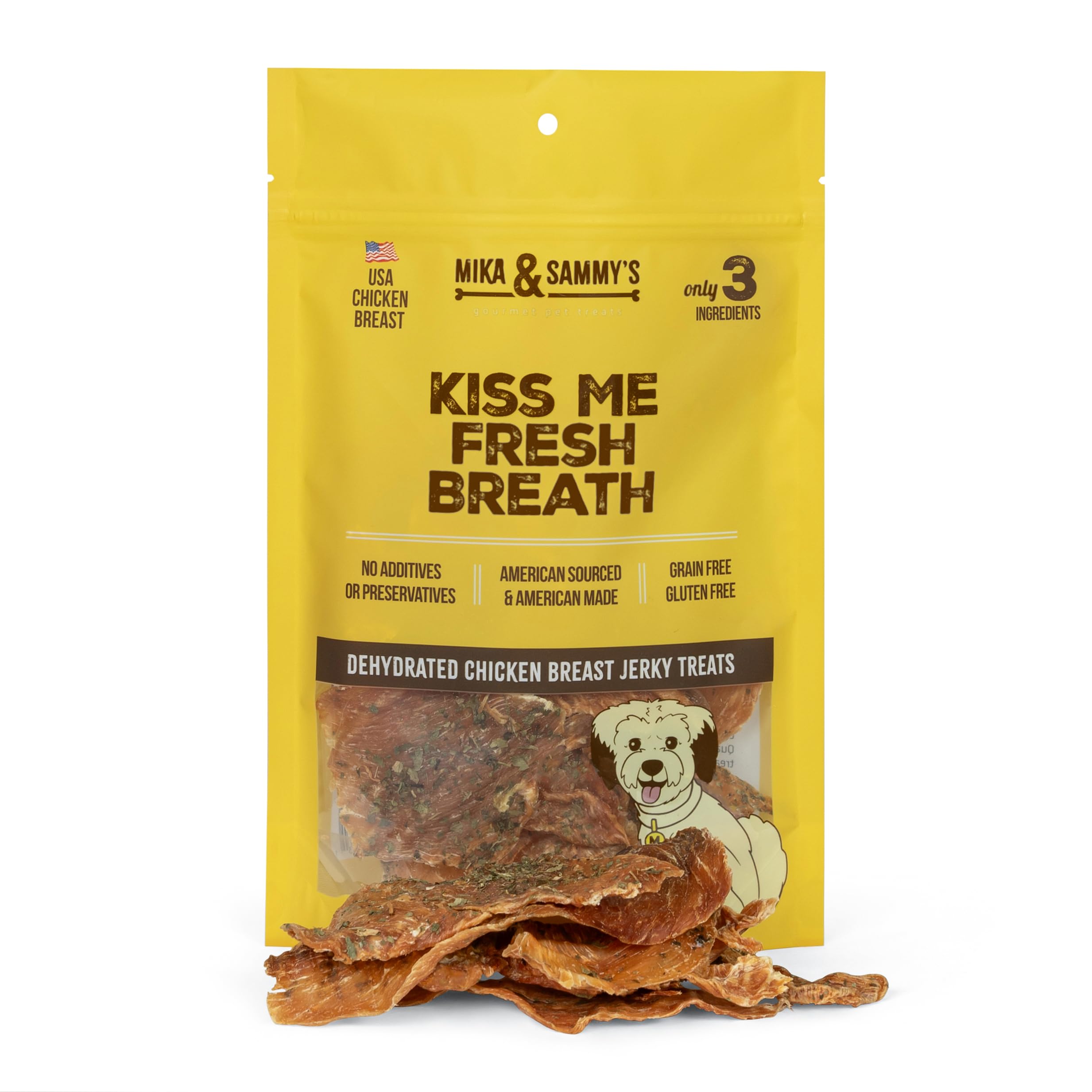 Premium Gourmet Jerky Dog Treats - All Natural Chicken Dog Chews Made in USA | Cage-Free Chicken, No Additives, Grain-Free | Healthy Training Rewards & Fresh Breath Solution for Small & Large Dogs (Mika & Sammy's Kiss Me 5 oz) | Perfect for Travel, Training & Dental Care