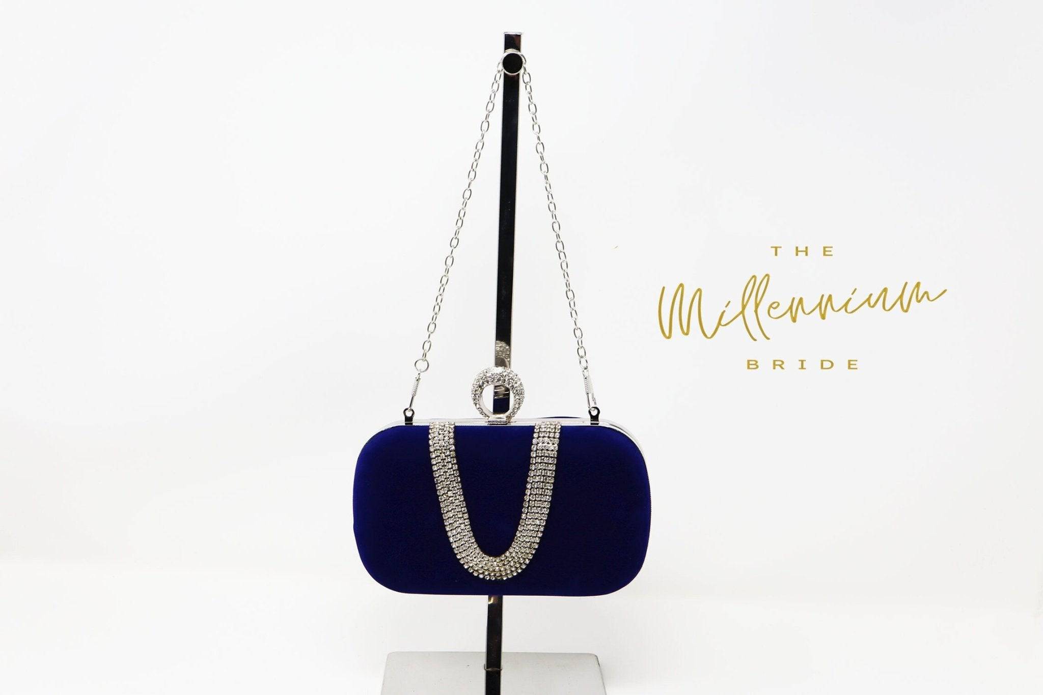 Royal Blue Velvet Crystal Wedding Clutch - Elegant Evening Bag & Bridal Purse with Crossbody Strap | Perfect for Weddings, Prom, Cocktail Parties & Special Occasions