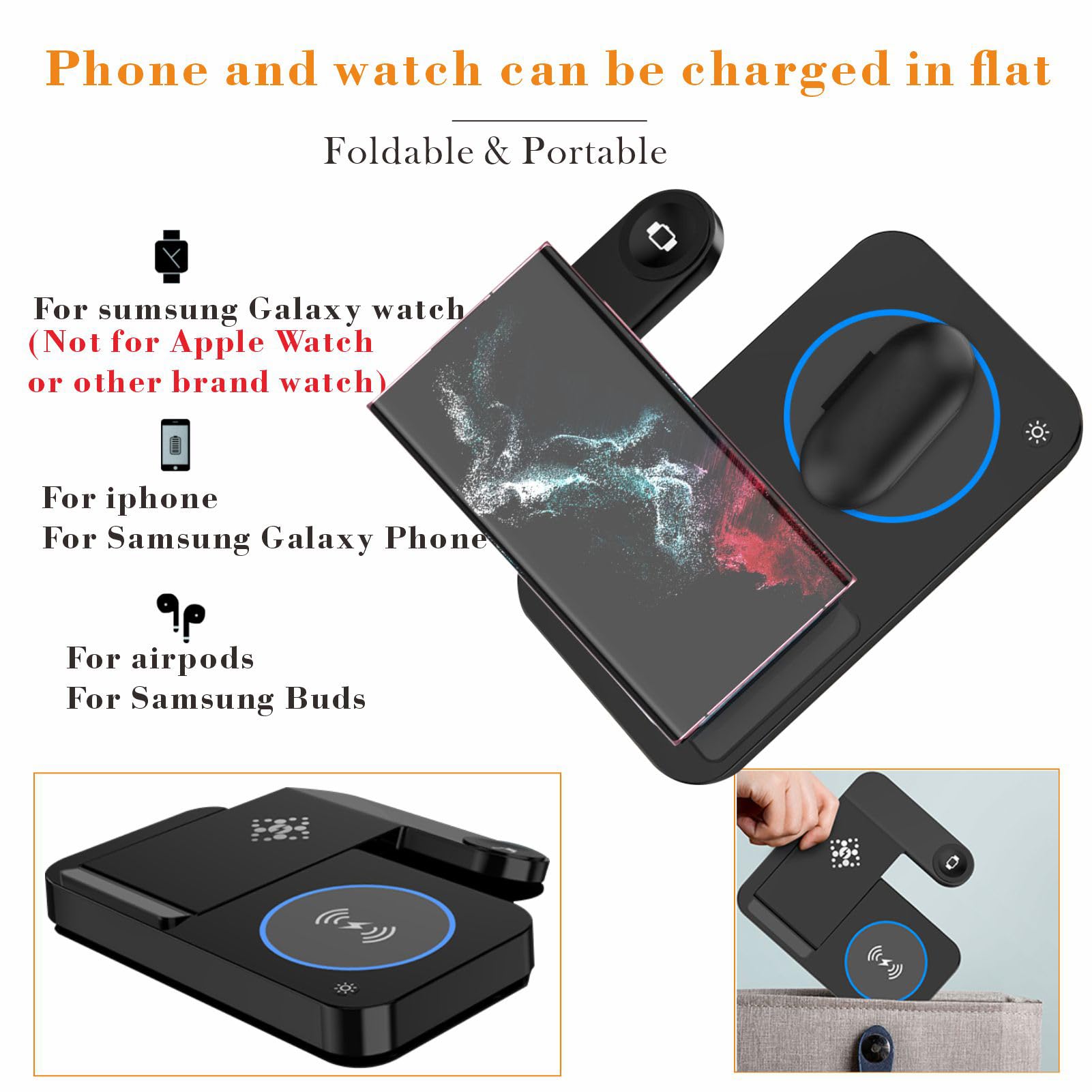 3-in-1 Foldable Fast Wireless Charging Station for Samsung Galaxy Z Flip 5/4, Z Fold 5/4, S24/S23/S22 Ultra, Watch 6/5/4 & Buds - Multi-Device Charger Stand for Home, Office & Travel