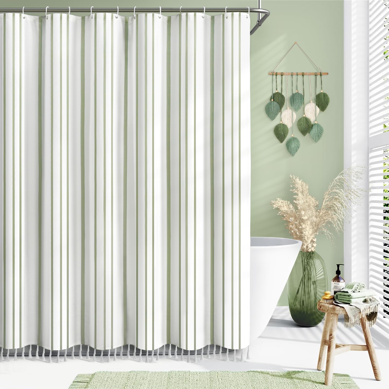 Awellife Sage Green Boho Shower Curtain - White Linen Cotton Cloth Striped Farmhouse Bathroom Decor for Vintage & Rustic Style Homes | Perfect for Boho, Farmhouse & Cottage Bathrooms