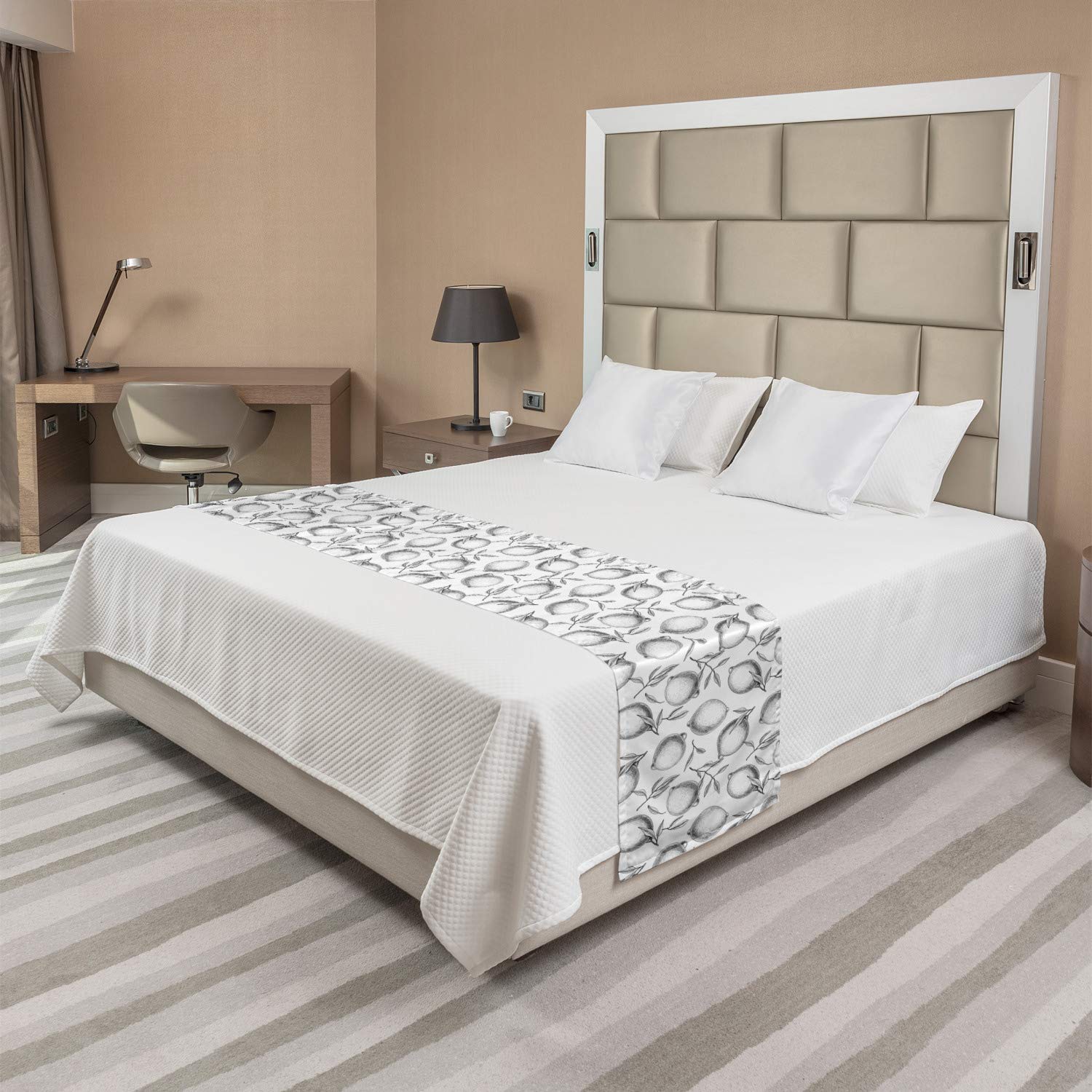 Ambesonne Lemons Bed Runner - Monochrome Sketch Citrus Fruits & Blossom Leaves Pattern, Decorative Bed Scarf for Hotels, Homes & Guestrooms (Grey & White) - Perfect for Spring Decor, Farmhouse Bedding & Coastal Theme Bedrooms