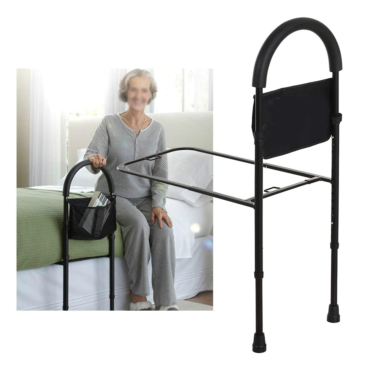 UFFD Bed Cane for Elderly - Adjustable Bed Assist Rail with Storage Pocket & Floor Support - Safe Mobility Aid for Seniors Getting In/Out of Bed - Ideal for Home Care, Post-Surgery Recovery & Assisted Living