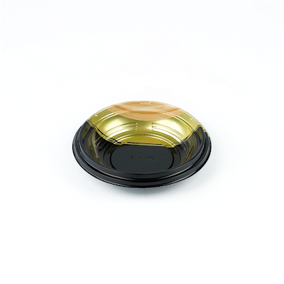 Bento Tek 14 oz Round Black and Gold Plastic Asian Style Bowl - 7 x 7 x 1.5 Inches - Pack of 400 - Perfect for Sushi, Ramen, Bento Boxes & Asian Cuisine Serving