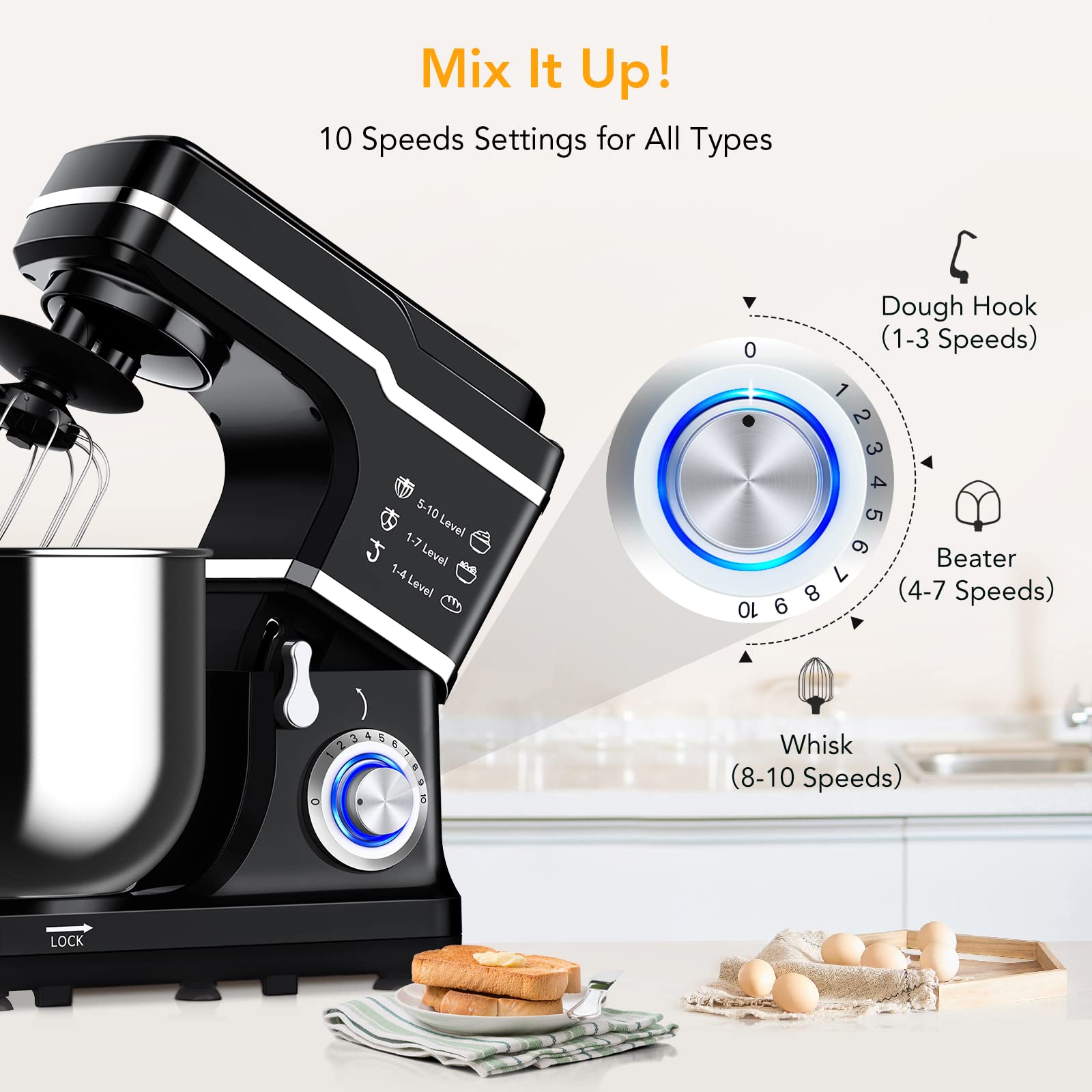 7.5QT Professional Stand Mixer - 10-Speed Tilt-Head Electric Kitchen Mixer with Stainless Steel Bowl, Dough Hook, Whisk & Beater - 300W Powerful Motor for Baking Cakes, Cookies & Bread (Black, Model MC1) - Perfect for Home Bakers & Professional Kitchens