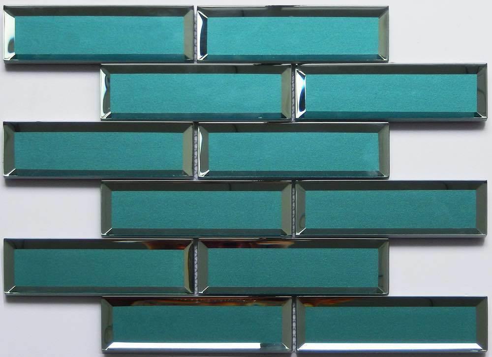 Glass Subway Tile with Inverted Bevel - Teal Mirror Finish 2x6 Inch - Perfect for Kitchen Backsplash and Bathroom Wall Decor