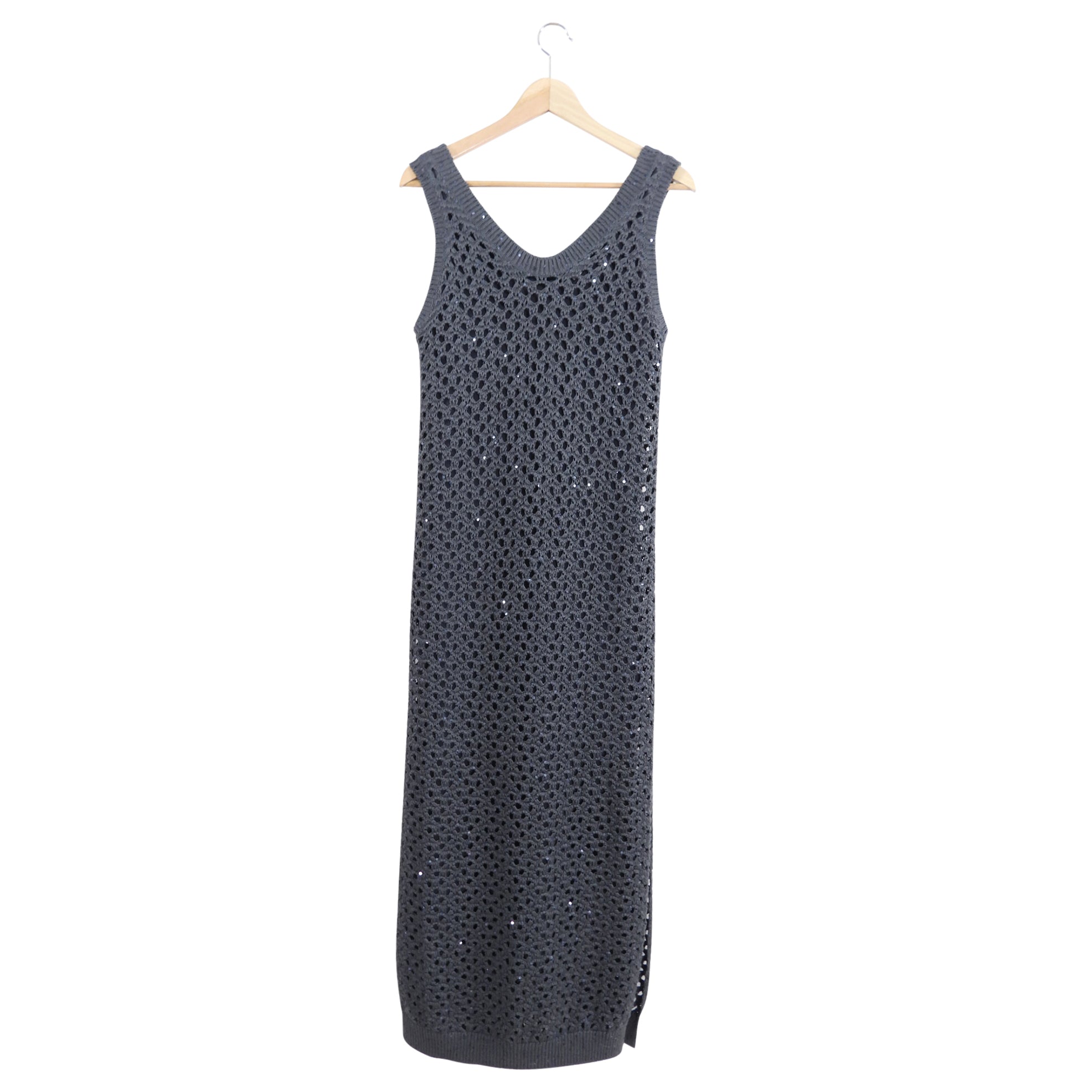 Brunello Cucinelli Grey Sequin Knit Long Sleeve Tank Dress Size S - Elegant Evening Wear for Parties & Special Occasions
