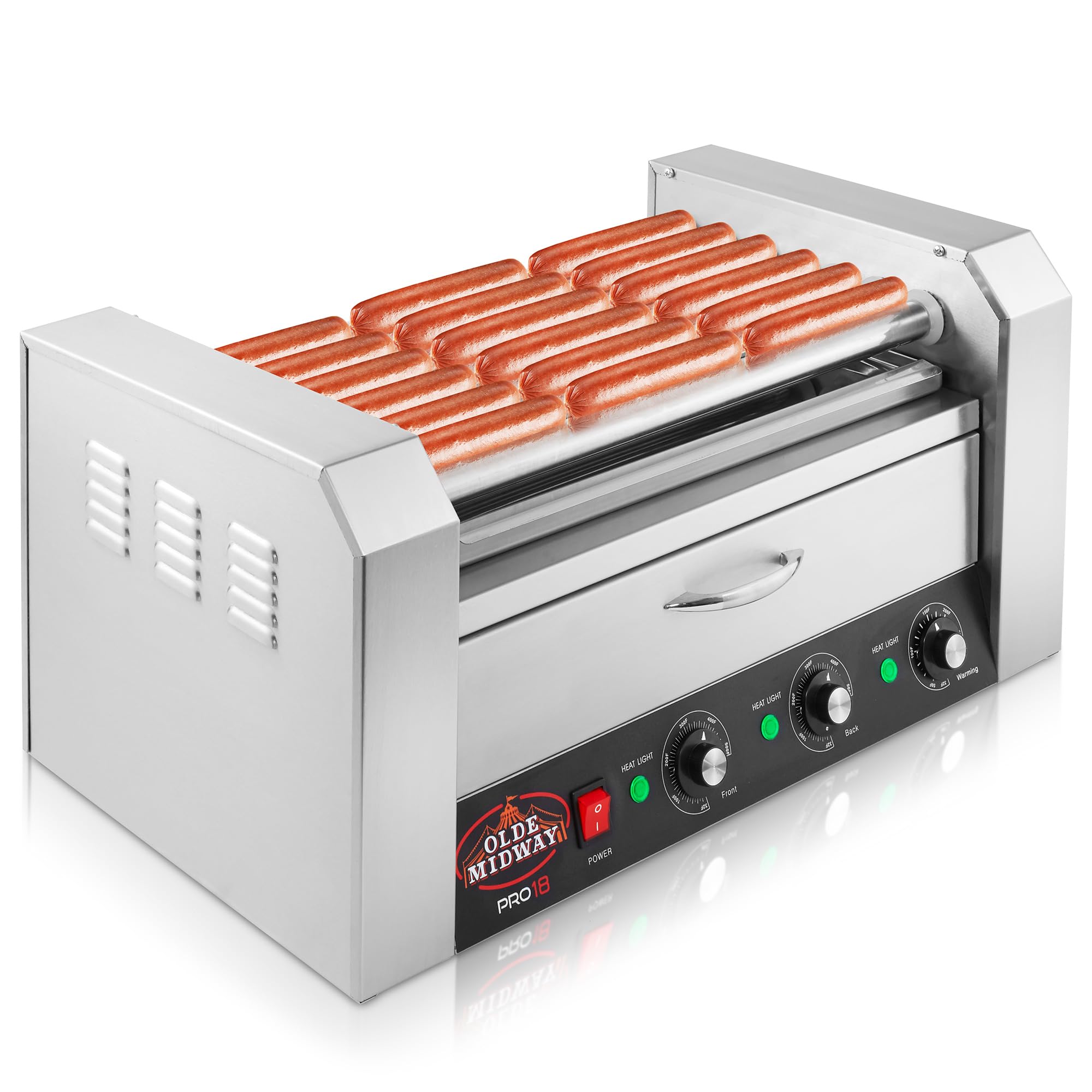 Olde Midway Electric 18 Hot Dog 7 Roller Grill Cooker Machine with Bun Warming Drawer - Commercial Grade Stainless Steel Hot Dog Warmer for Restaurants, Carnivals, and Food Trucks