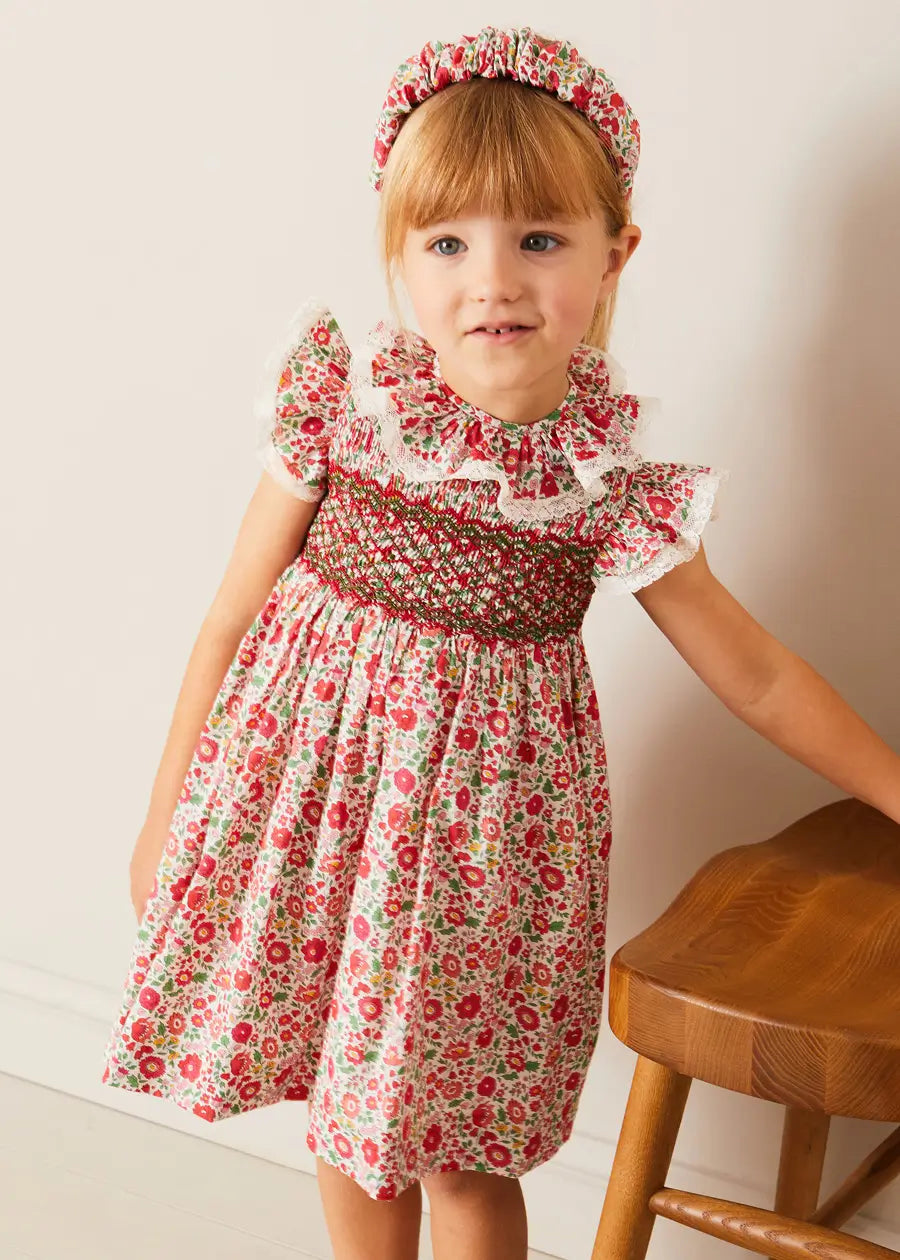 Margot Hand Smocked Red Dress - Premium Liberty Fabric (Sizes 12m-6yrs) | Perfect for Birthday Parties, Easter & Special Occasions
