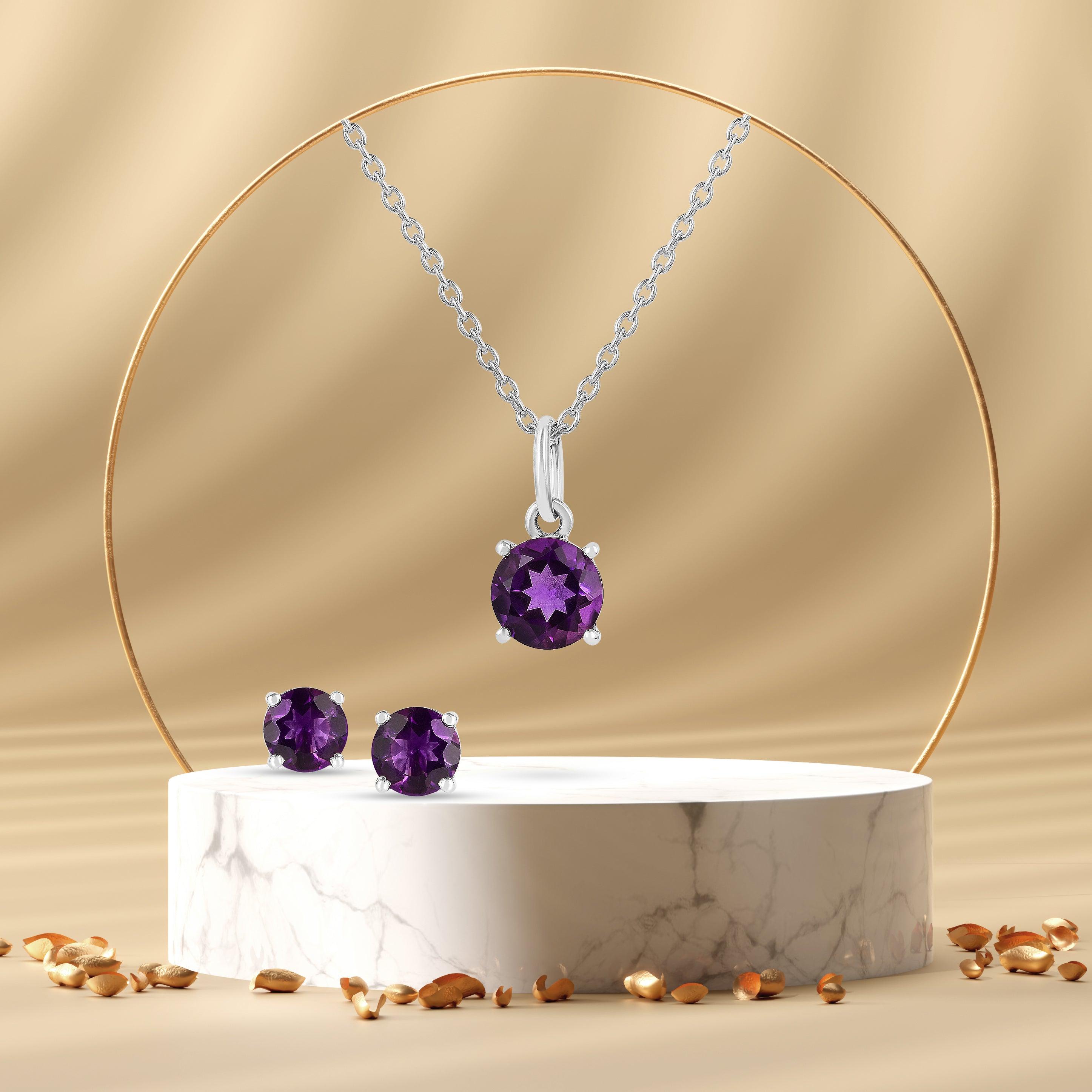 Elegant Purple Solitaire Amethyst Jewelry Set - Sterling Silver Necklace & Earrings for Women | Perfect for Weddings, Anniversaries & Special Occasions