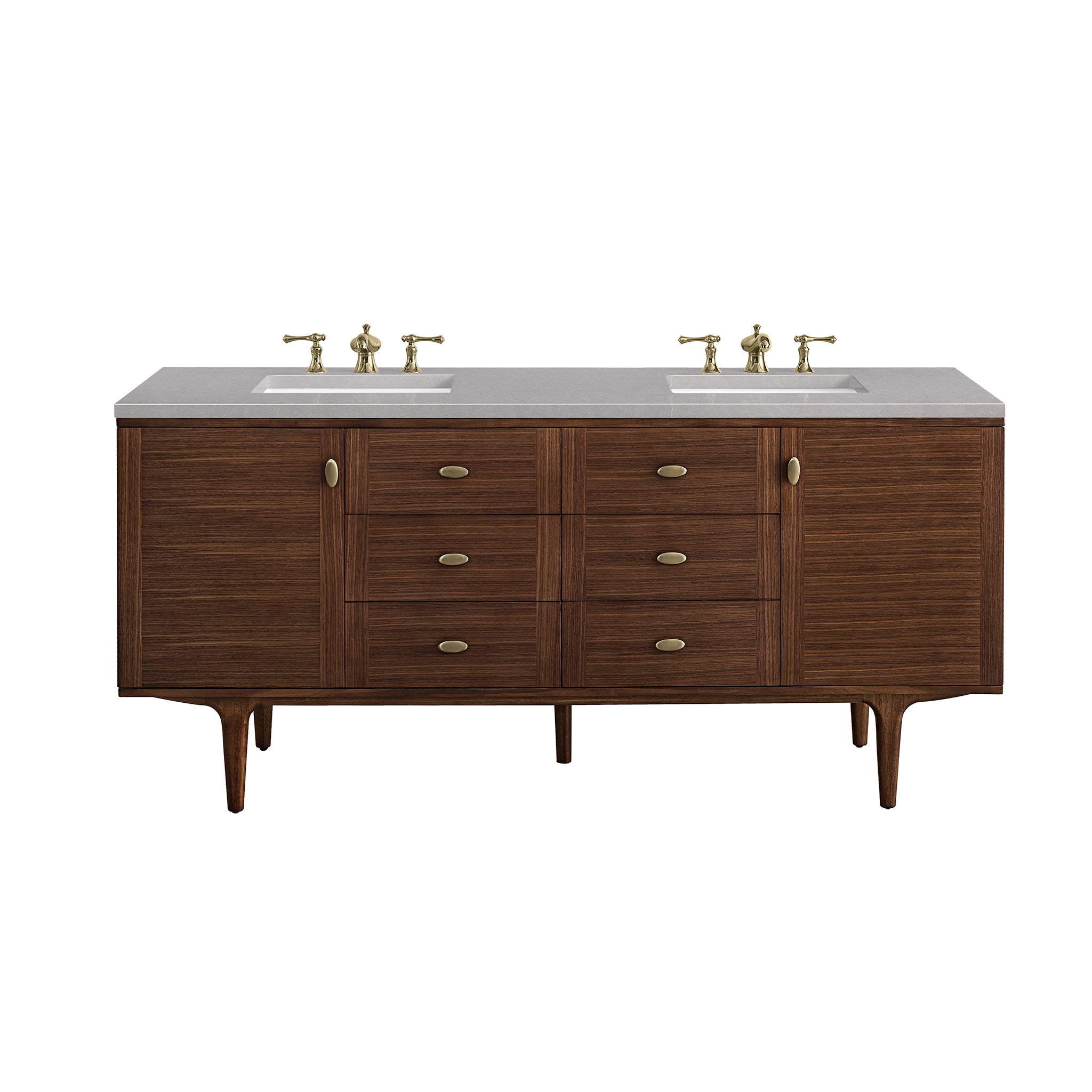 Amberly 72 Inch Double Sink Bathroom Vanity - Mid Century Modern Walnut Finish with 3CM Eternal Serena Quartz Top - Perfect for Master Bathroom or Guest Bath Remodel