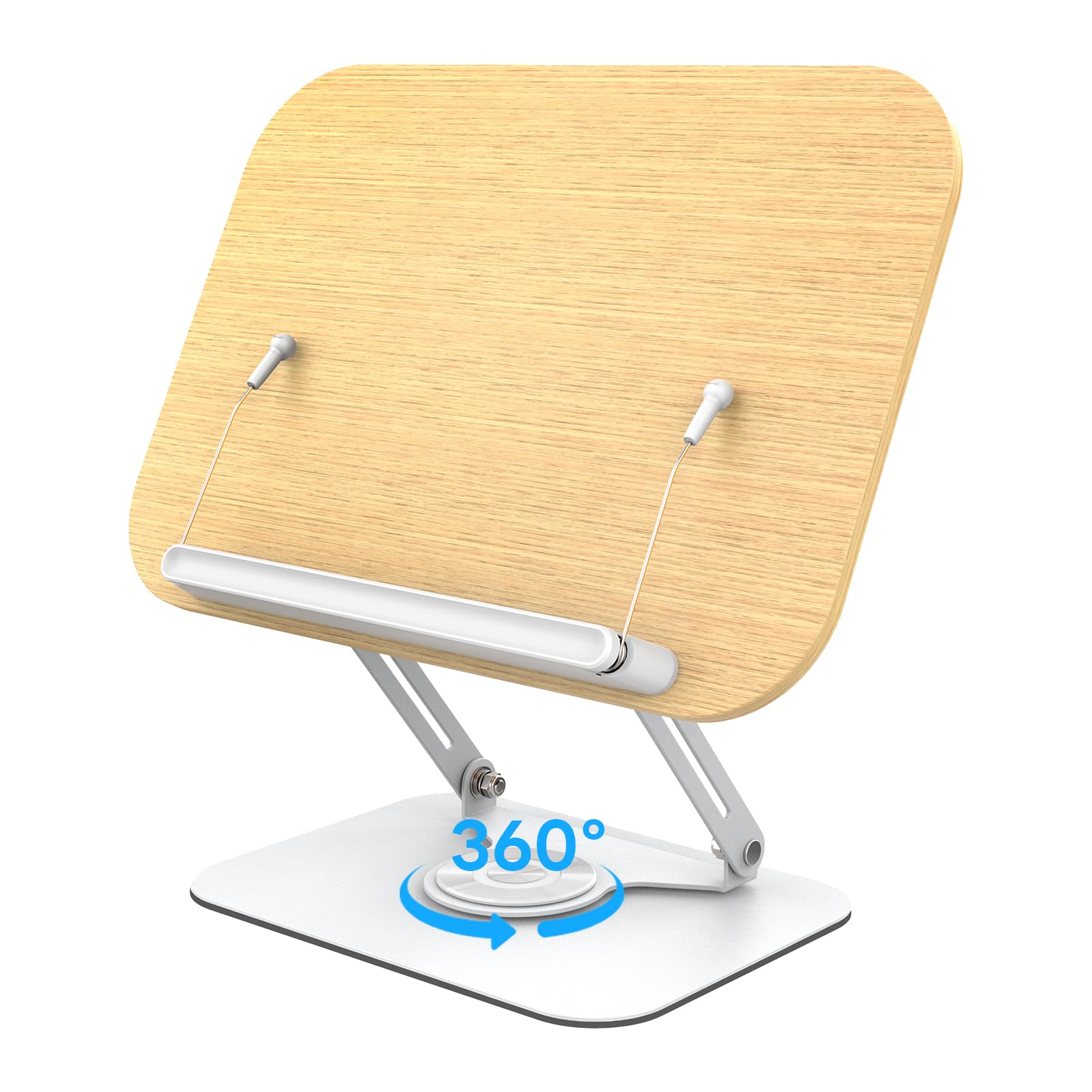 Adjustable Wooden Book Stand for Hands-Free Reading - 360° Swivel Base Desktop Book Holder for Cookbooks, Textbooks, Tablets & Laptops - Perfect for Kitchen, Office, Study & Art Studio Use