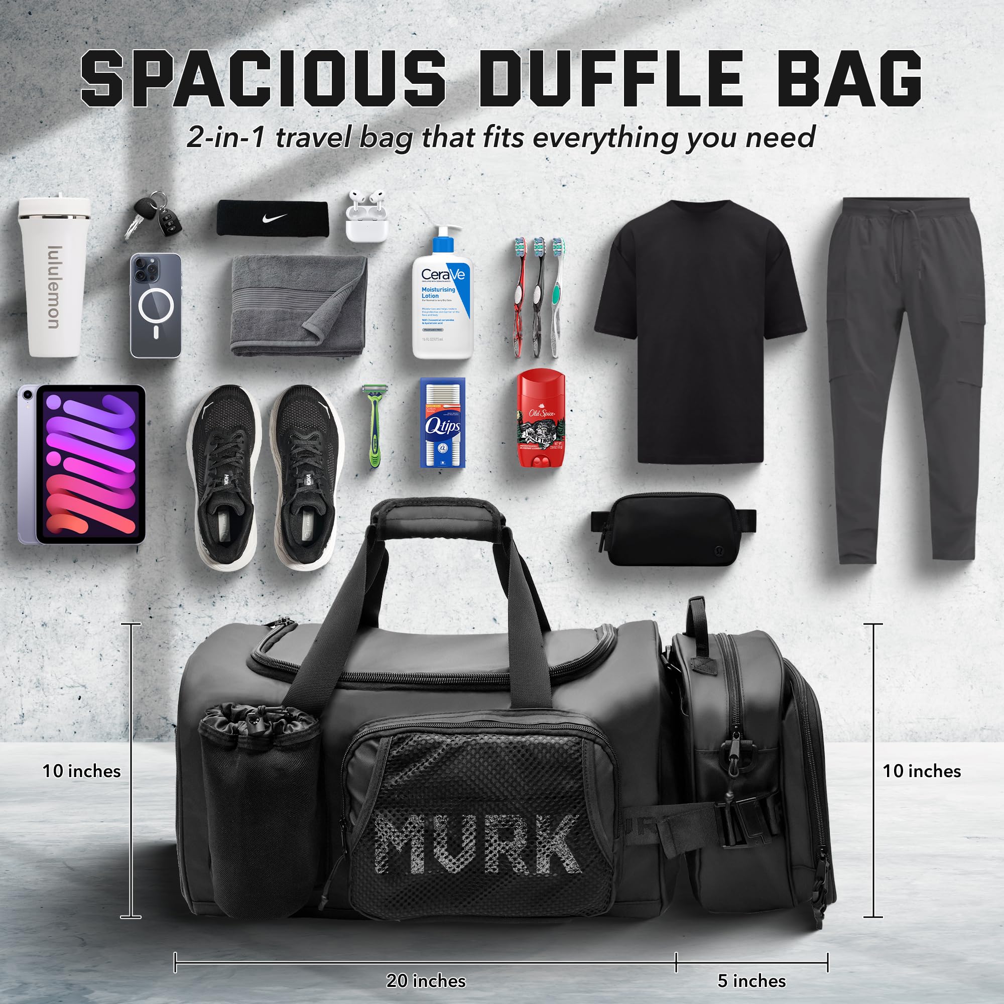 **MVRK 2-in-1 Waterproof Travel Duffle Bag - 50L Carry-On Size for Airplane, Gym, Sports & Weekend Trips | TSA Compliant & Durable Black Overnight Bag for Men & Women**    *(Perfect for Air Travel, Workouts, Hiking, Beach Trips & Short Getaways)*