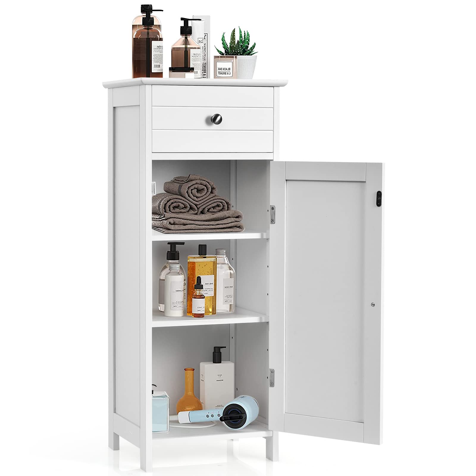 GOFLAME Freestanding Bathroom Storage Cabinet - White Wooden Organizer with Large Drawer & 7-Position Adjustable Floating Shelves | Perfect for Bathroom, Living Room & Bedroom Storage Solutions