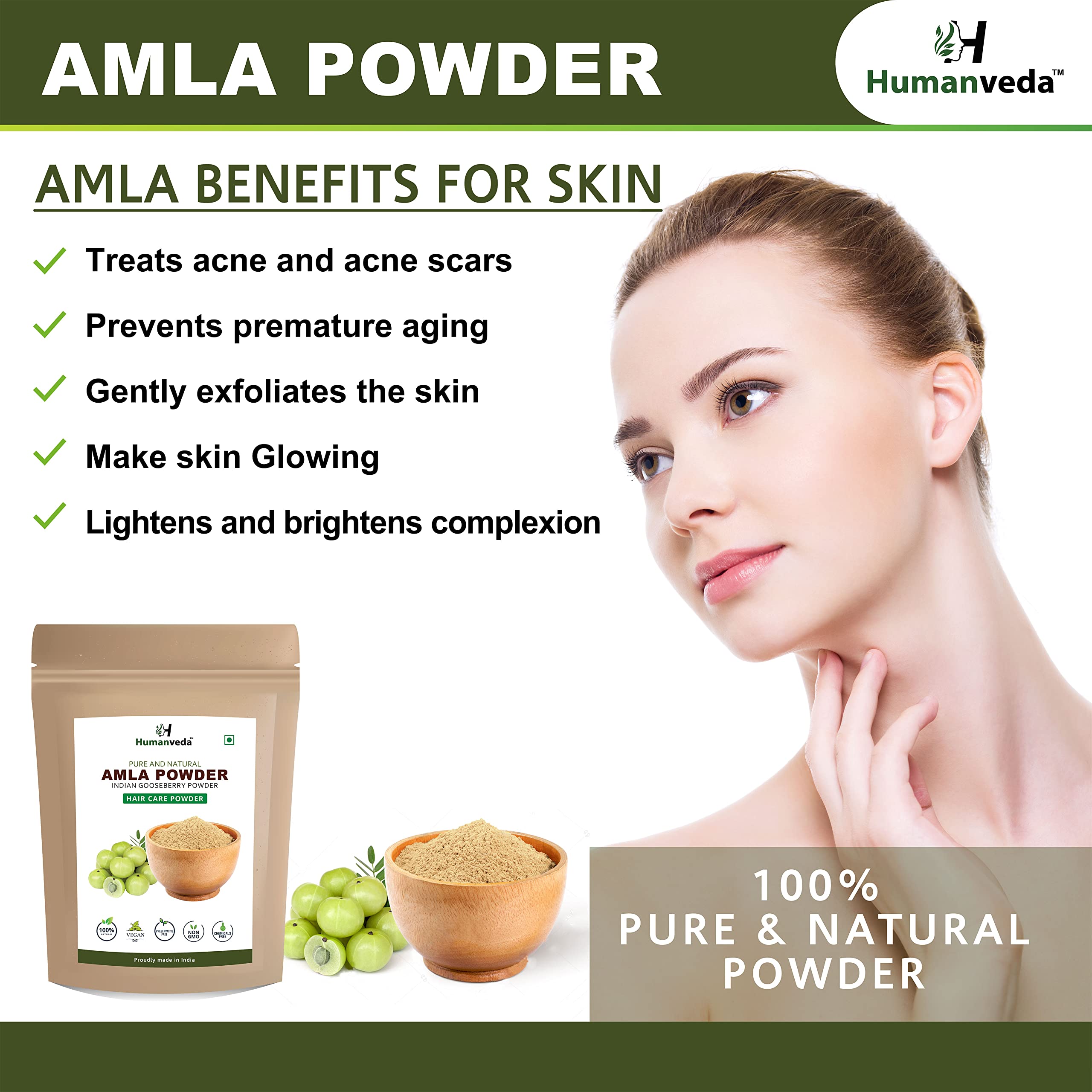 Humanveda Natural Bhringraj & Amla Powder for Hair Growth & Skin Care - Herbal Eclipta Alba & Indian Gooseberry Blend (200g) | Promotes Healthy Scalp & Glowing Skin | DIY Hair Masks & Ayurvedic Beauty Treatments