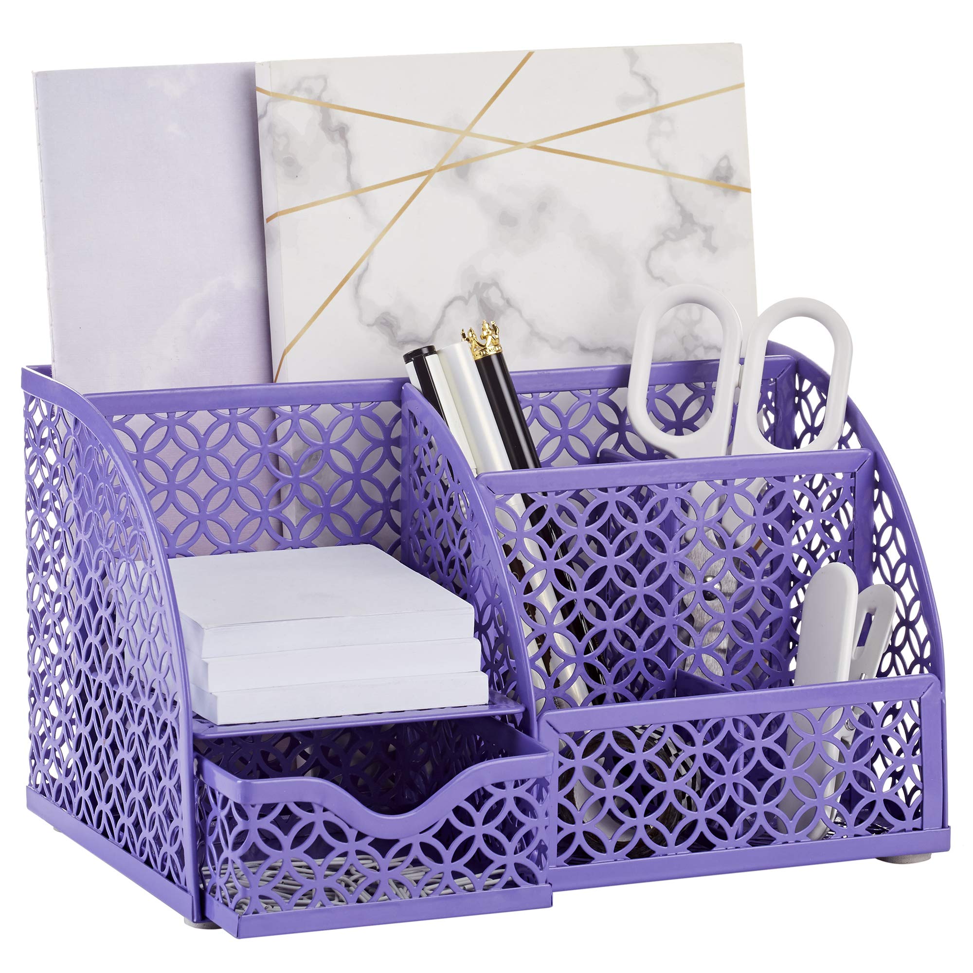 Anova Mesh Desk Organizer - 7 Compartments with Drawer, Pen & Candy Holder for Office & Home Organization (Purple)