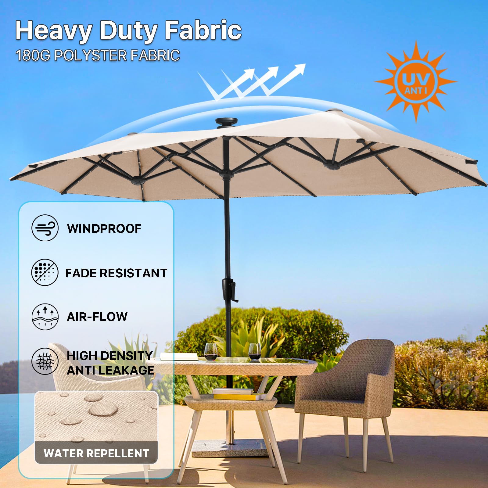 FREE SOLDIER 13ft Solar LED Patio Umbrella with 36 Lights - Double-Sided Outdoor Cantilever Umbrella for Garden, Yard, Poolside - Beige Waterproof Sun Shade for Relaxing & Outdoor Dining