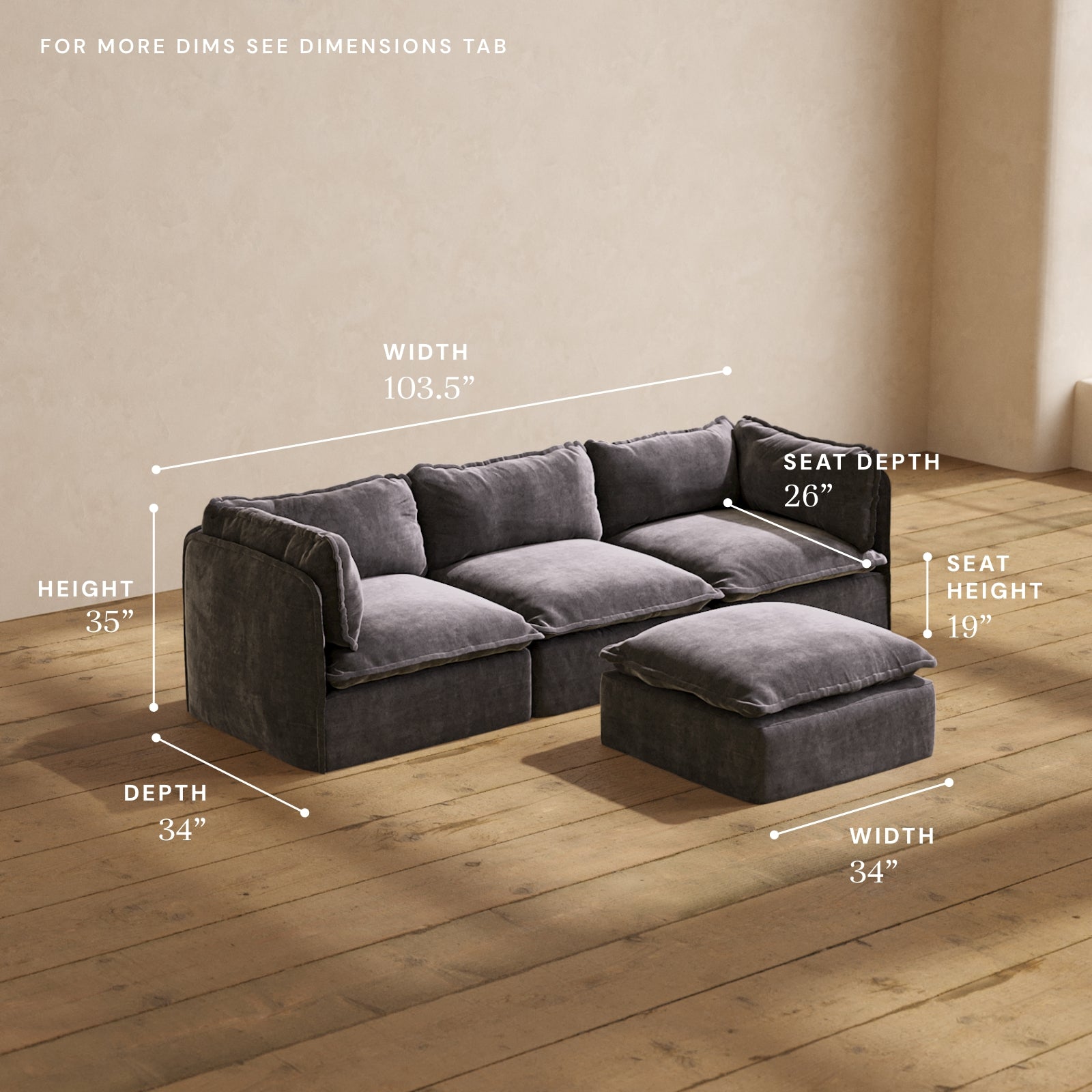 Premium Modular Performance 3-Seater Sofa with Ottoman in Cinder Gray - Comfortable L-Shaped Sectional Couch for Living Room, Family Room & Home Theater Relaxation
