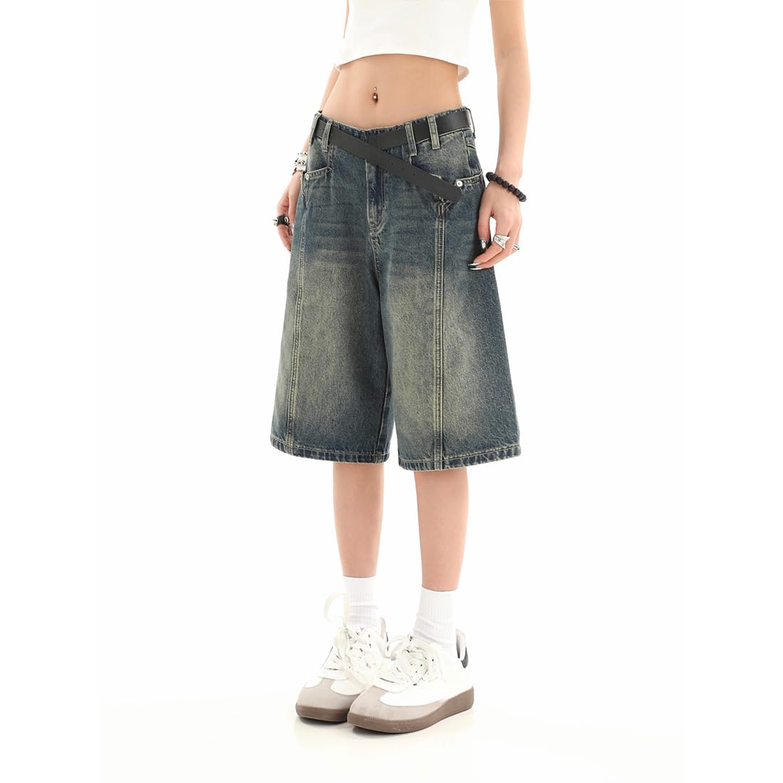 POHADON Women's Y2K Baggy Denim Shorts - Knee Length Bermuda Jorts with Pockets | 2025 Trendy Loose Fit Casual Summer Shorts | Perfect for Beach Outings, Music Festivals & Streetwear Fashion